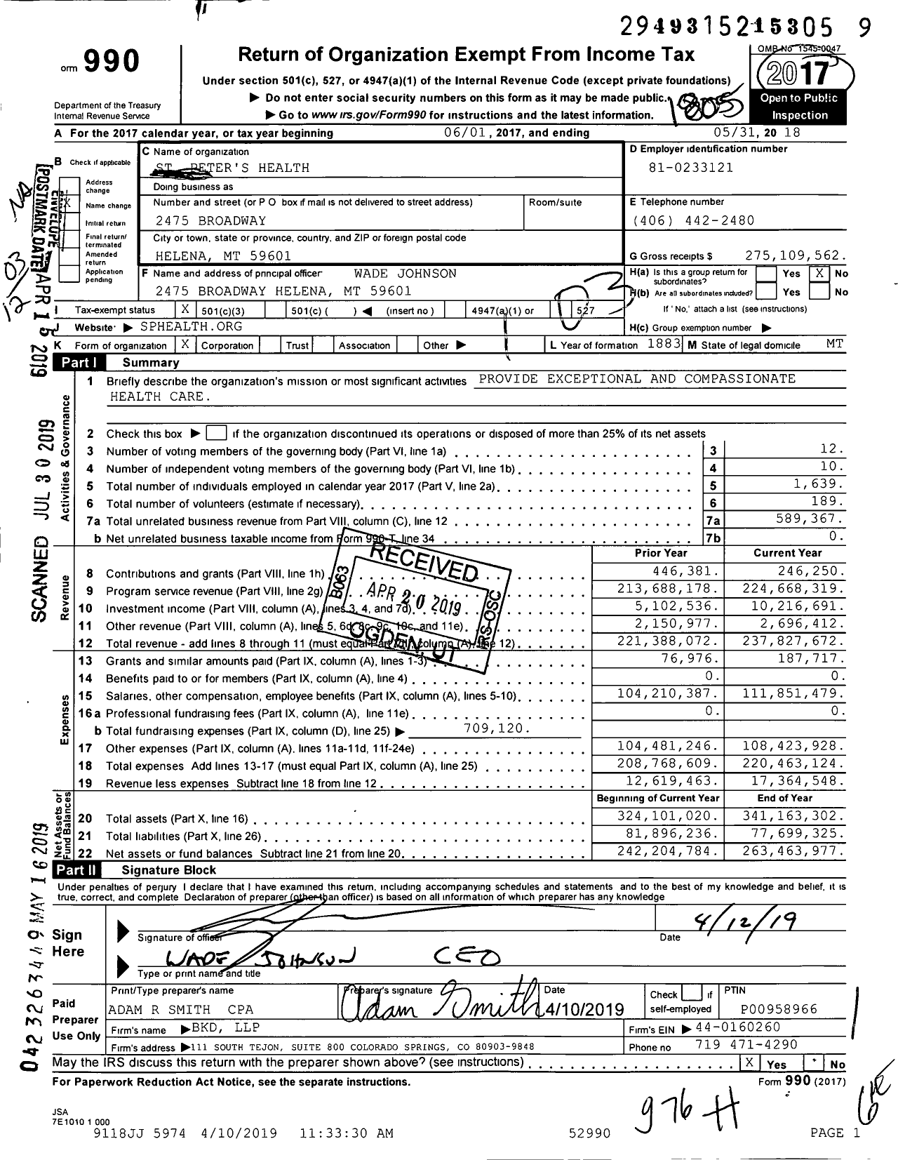 Image of first page of 2017 Form 990 for St Peter's Health