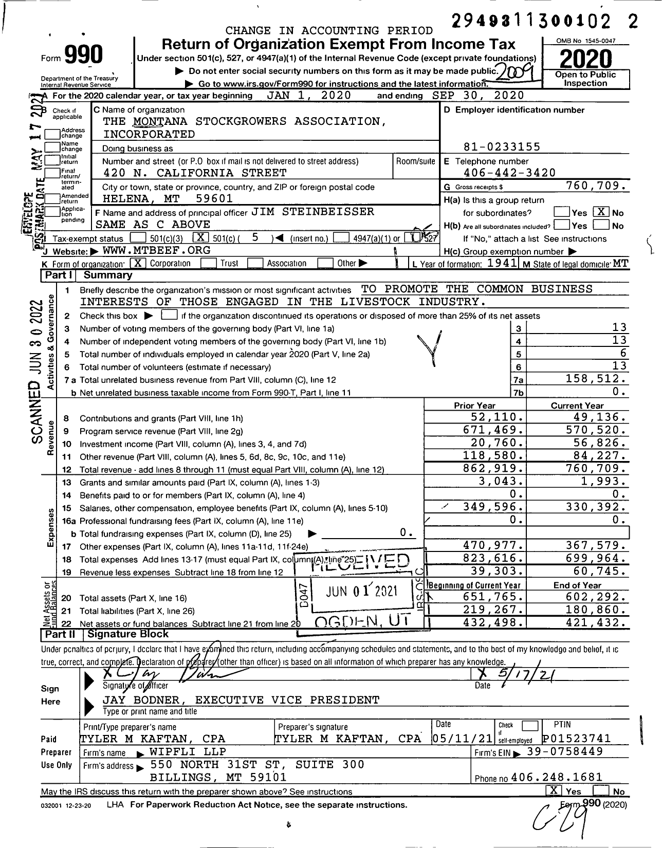 Image of first page of 2019 Form 990O for The Montana Stockgrowers Association Incorporated
