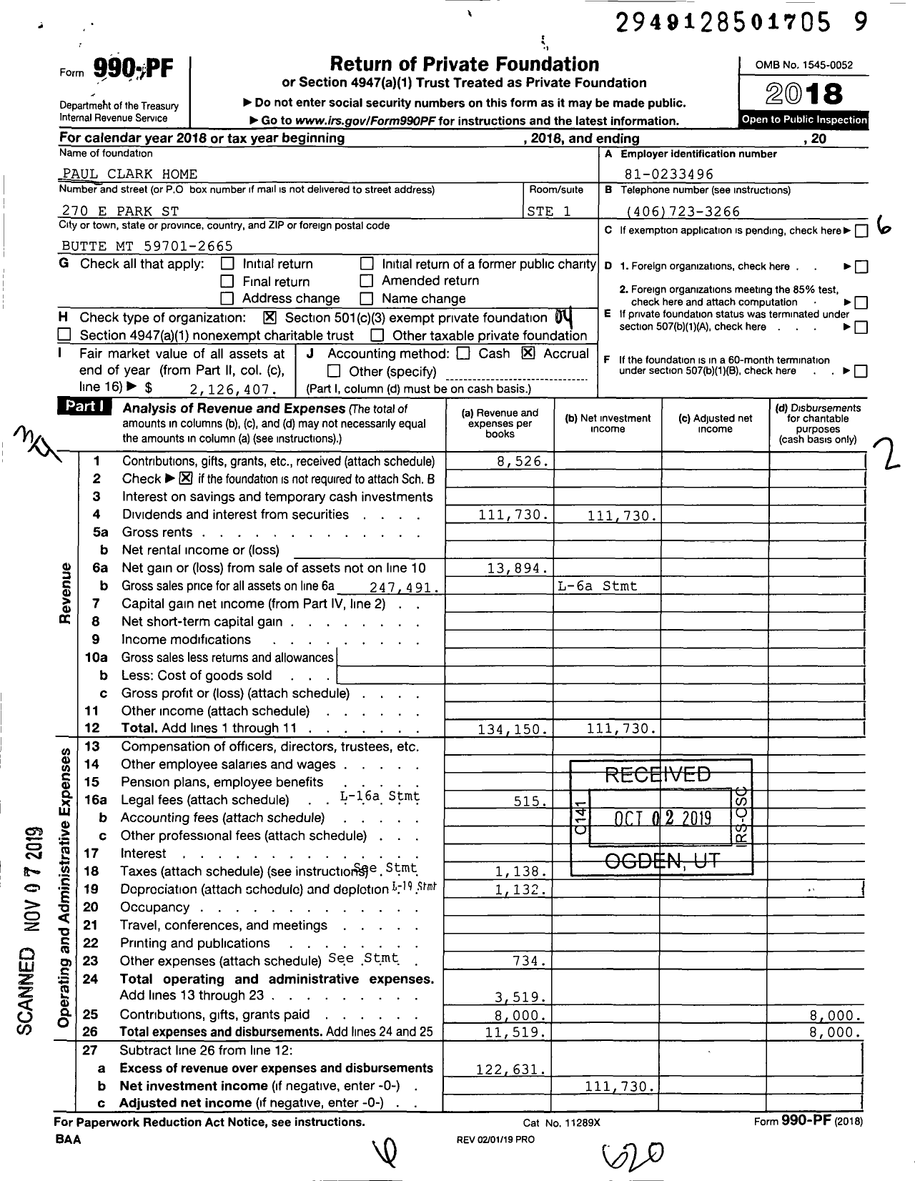 Image of first page of 2018 Form 990PF for Paul Clark Home