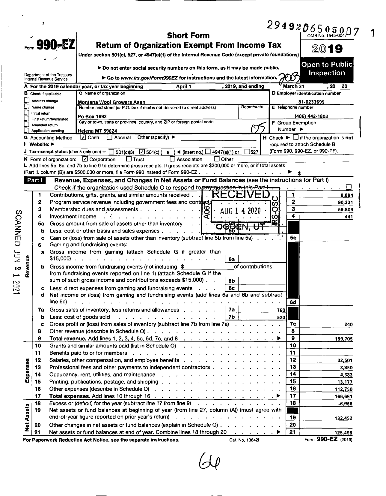 Image of first page of 2019 Form 990EO for Montana Wool Growers Association