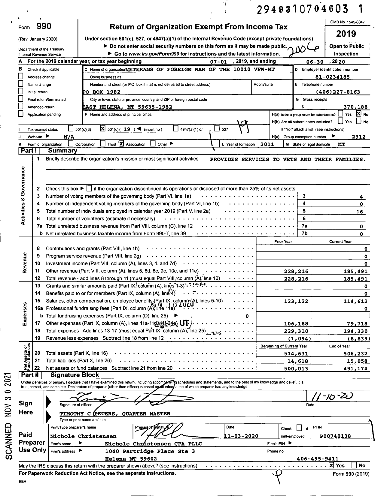 Image of first page of 2019 Form 990O for Department of Montana Veterans of Foreign Wars of the United States - 10010 Cory-Dullum Post VFW-MT