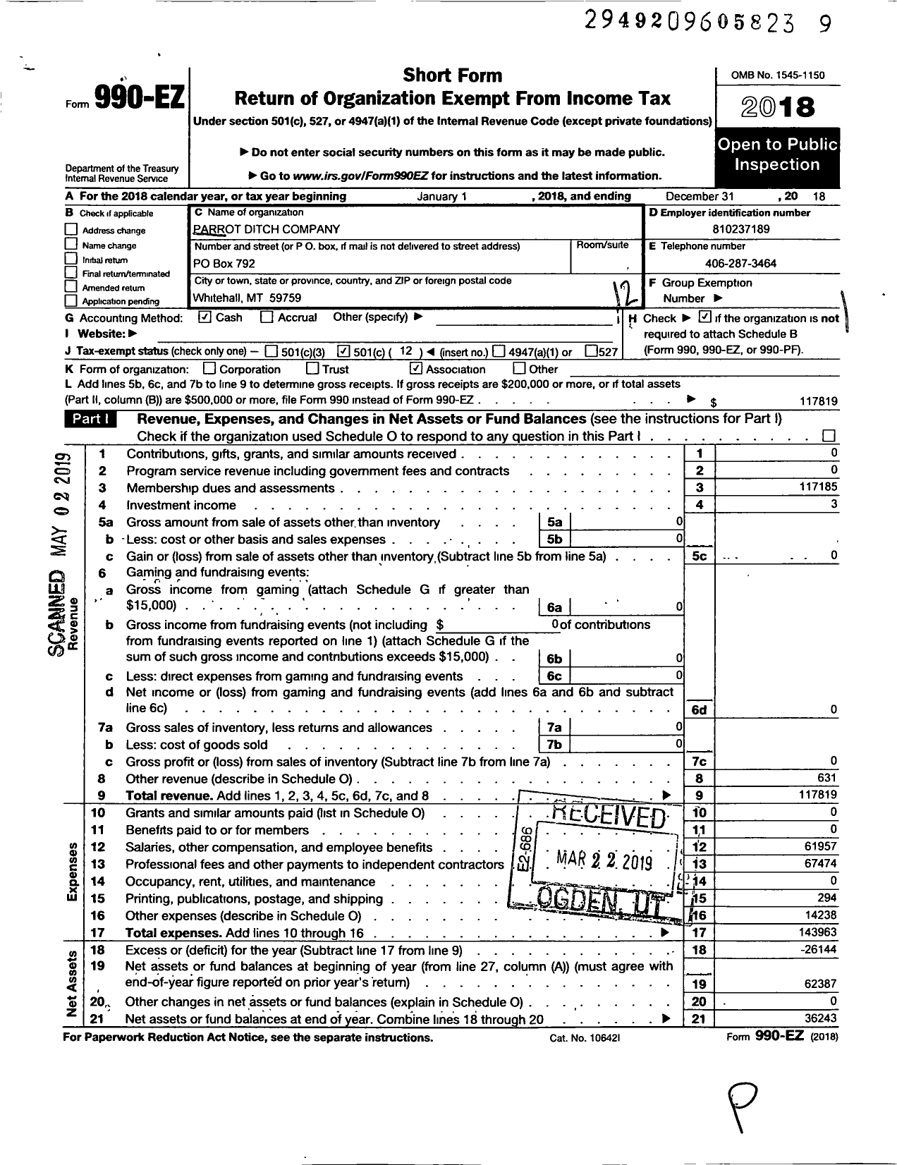 Image of first page of 2018 Form 990EO for Parrot Ditch Company