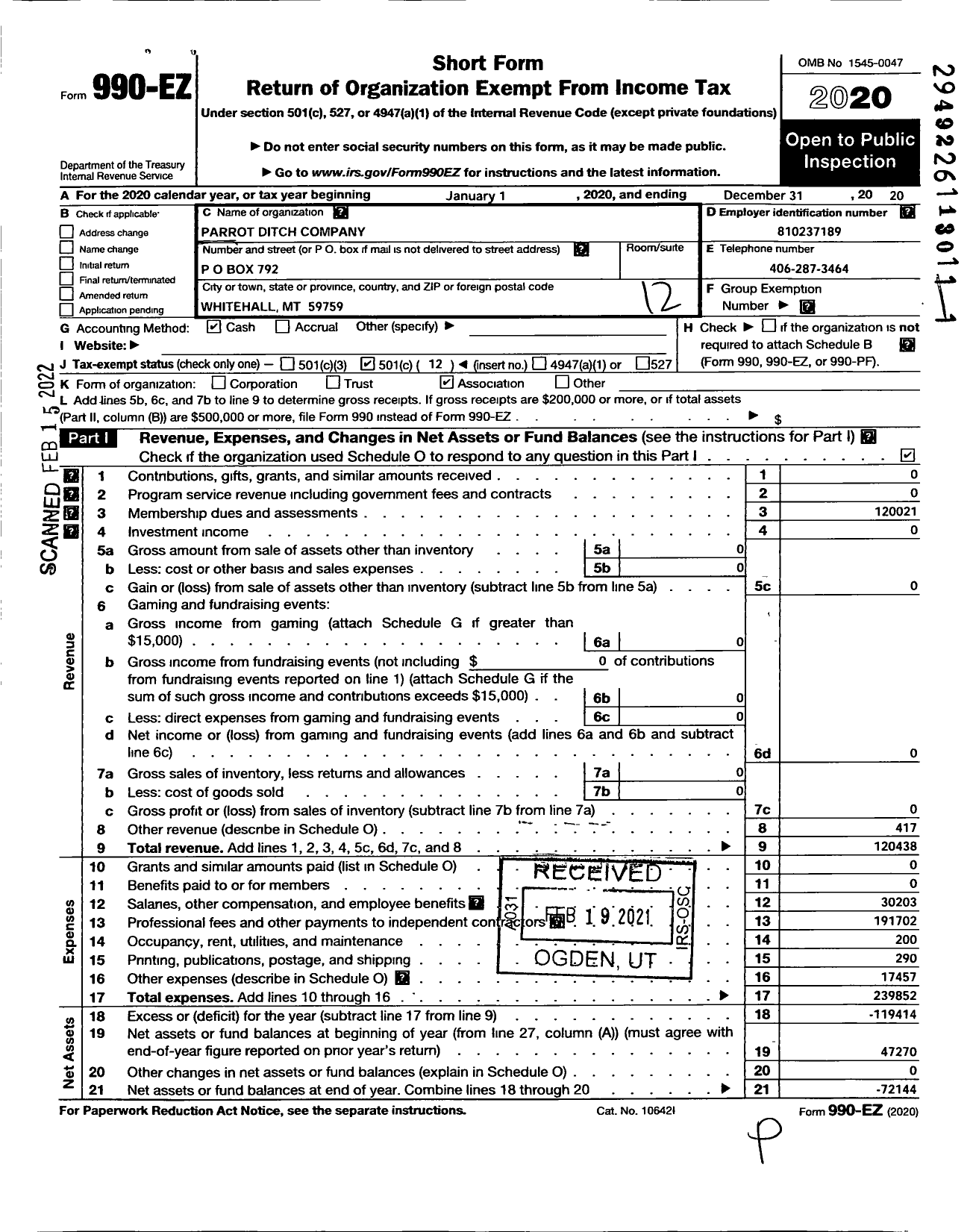 Image of first page of 2020 Form 990EO for Parrot Ditch Company