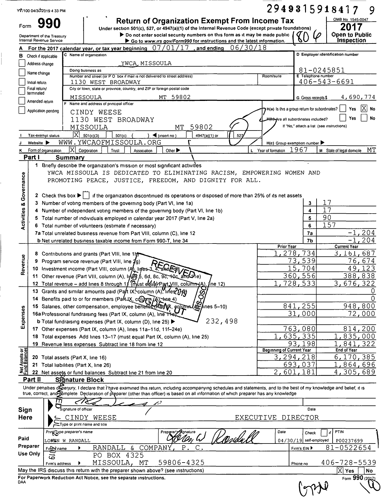 Image of first page of 2017 Form 990 for Ywca Missoula
