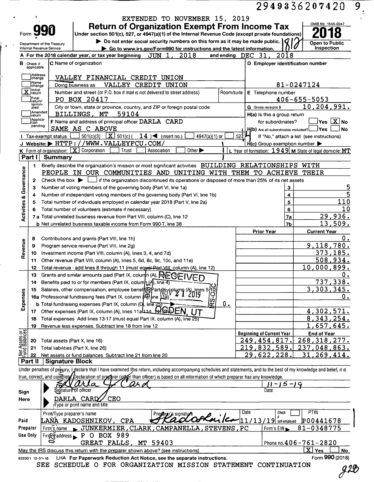 Image of first page of 2018 Form 990O for Valley Credit Union / Valley Financial Credit Union