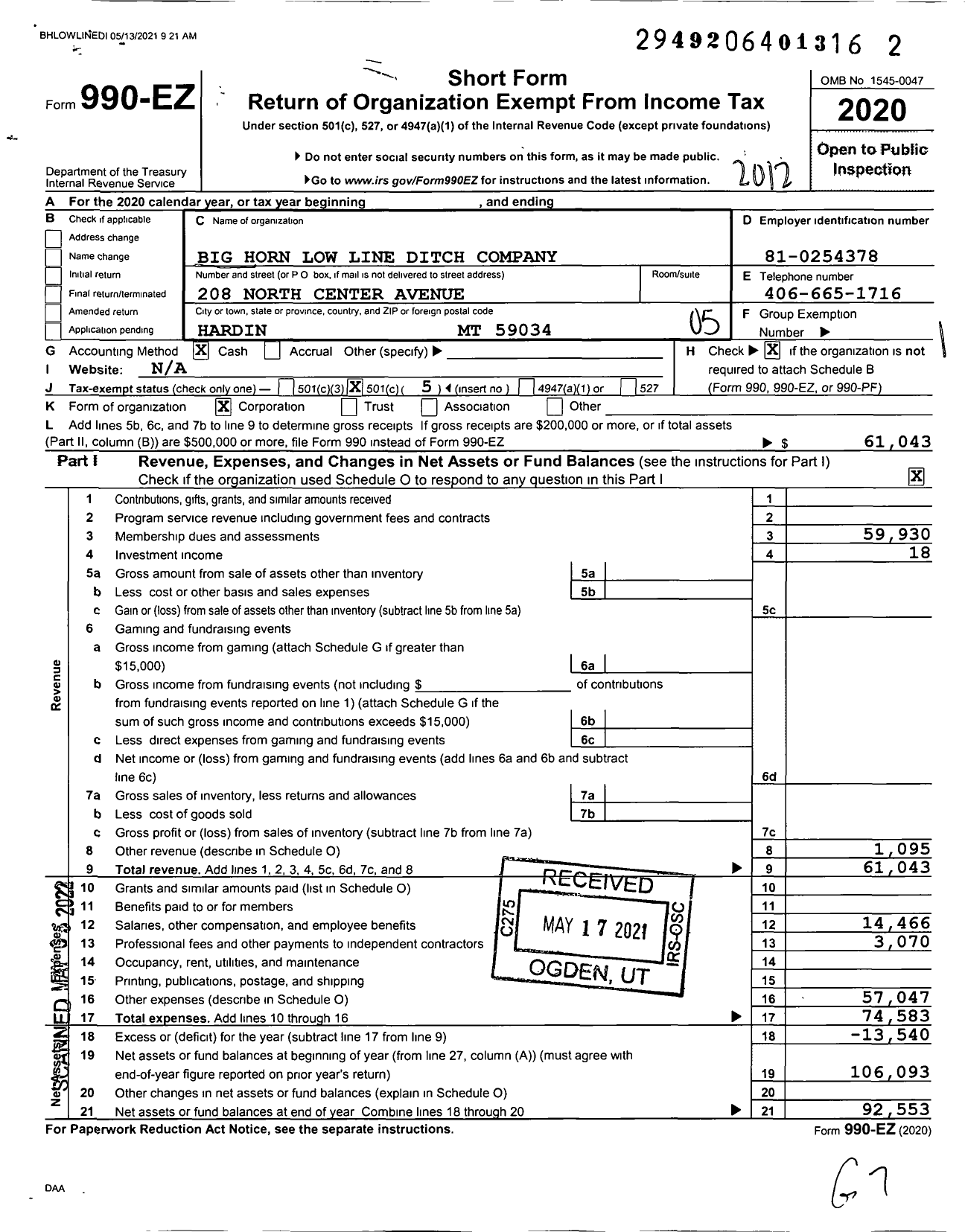 Image of first page of 2020 Form 990EO for Big Horn Low Line Ditch Company