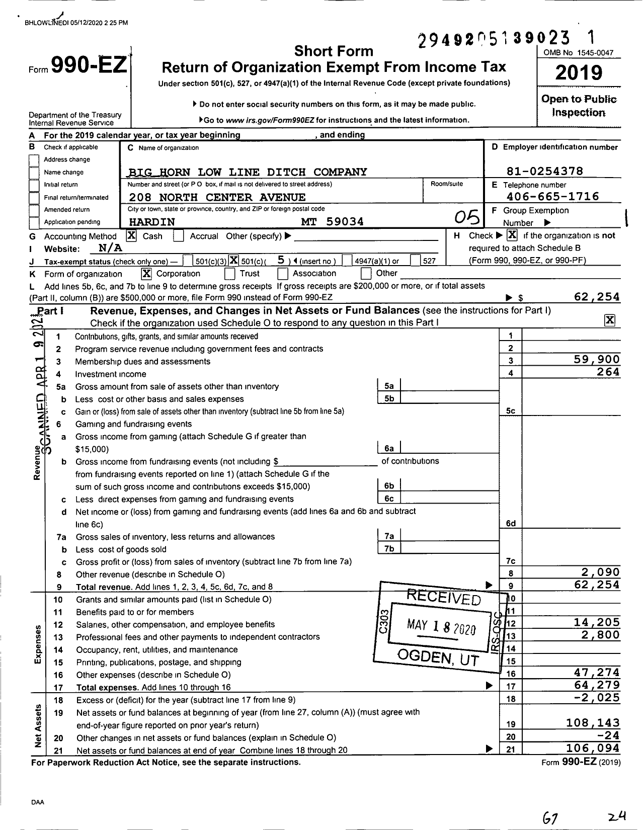 Image of first page of 2019 Form 990EO for Big Horn Low Line Ditch Company