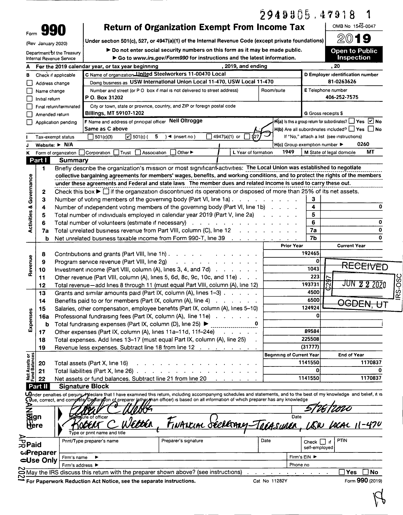 Image of first page of 2019 Form 990O for UNITED STEELWORKERS - Local Union 470