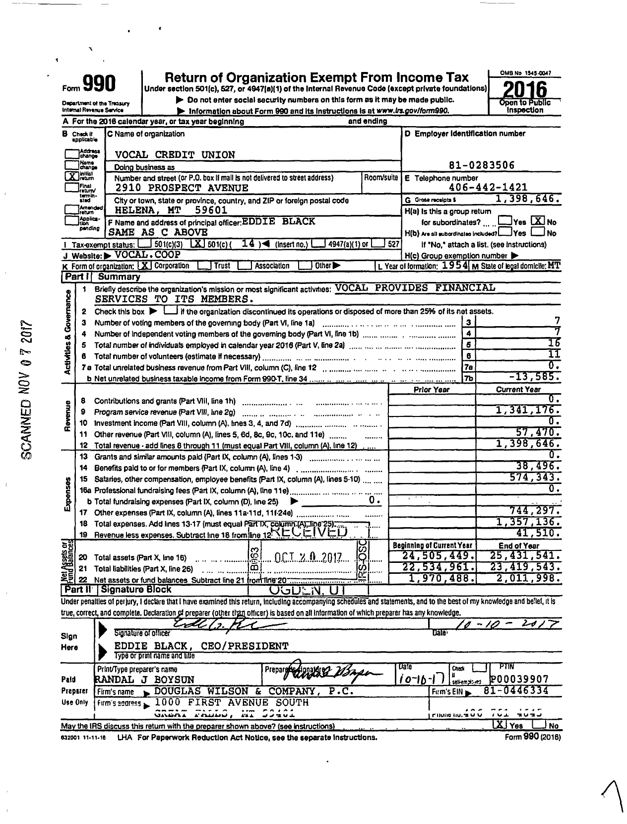 Image of first page of 2016 Form 990O for Vocal Credit Union