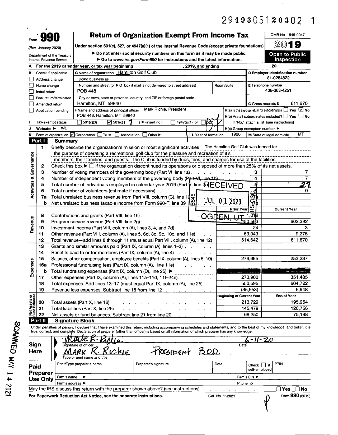 Image of first page of 2019 Form 990O for Hamilton Golf Club