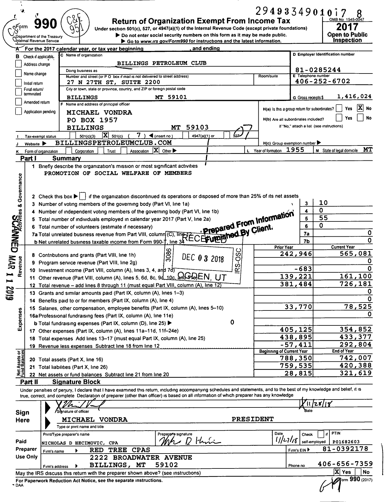 Image of first page of 2017 Form 990O for Billings Petroleum Club