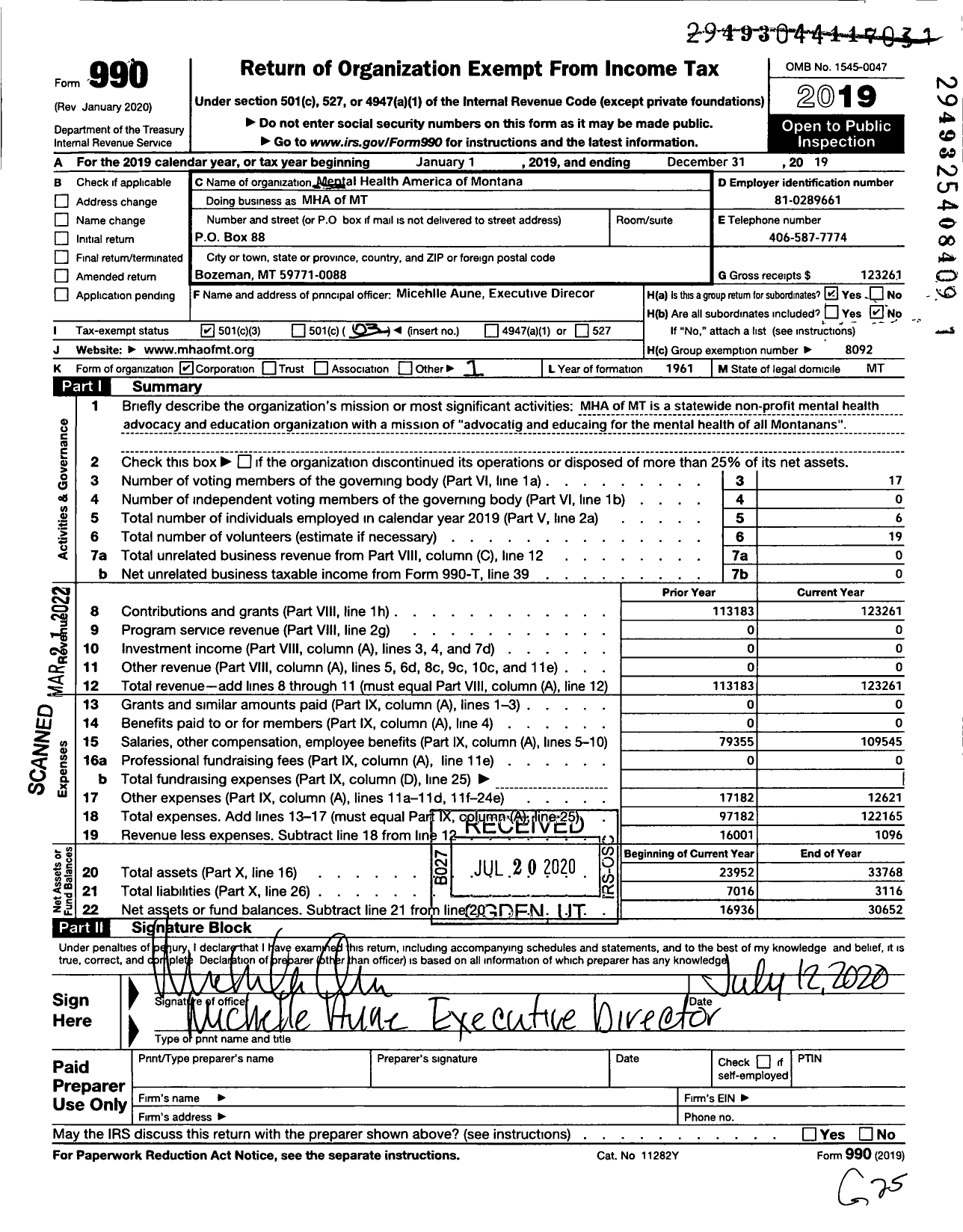 Image of first page of 2019 Form 990 for Mental Health America of Montana