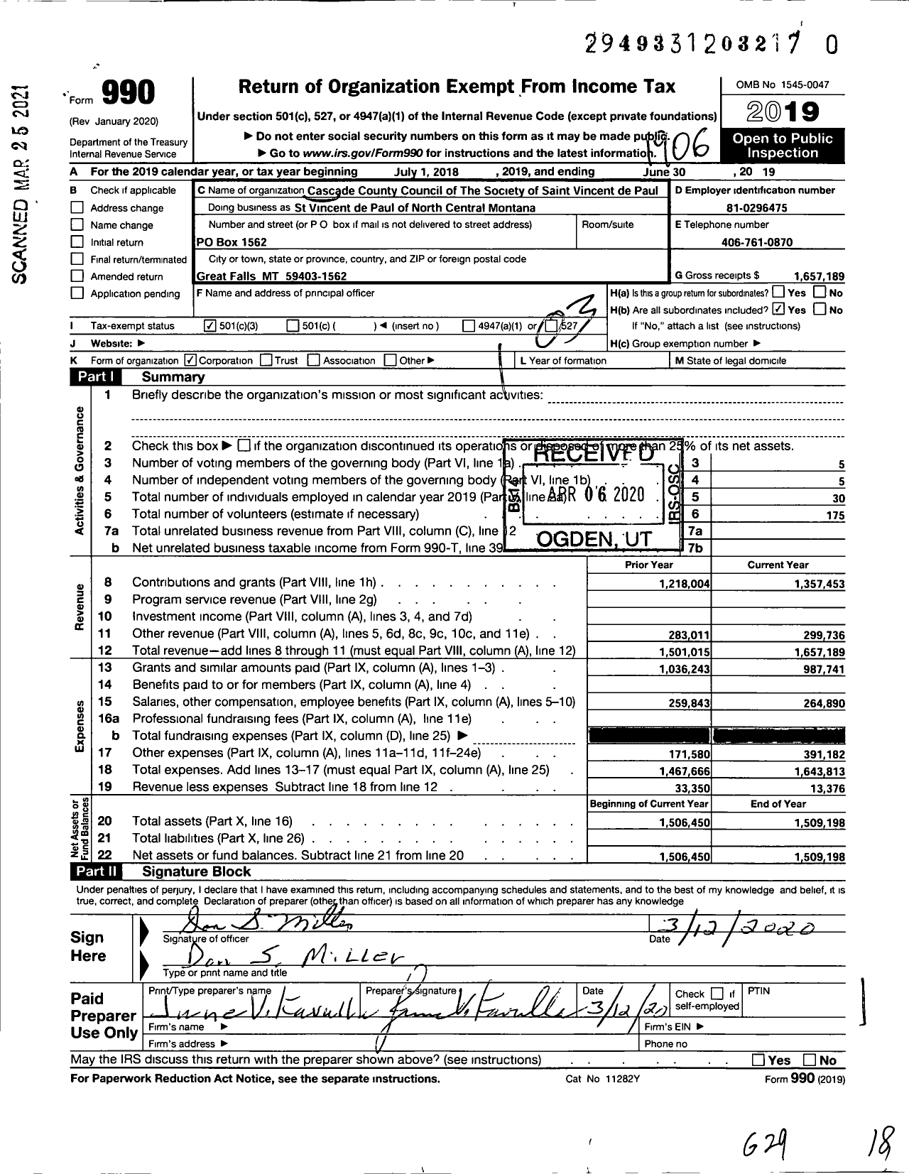 Image of first page of 2018 Form 990 for St Vincent de Paul of North Central Montana