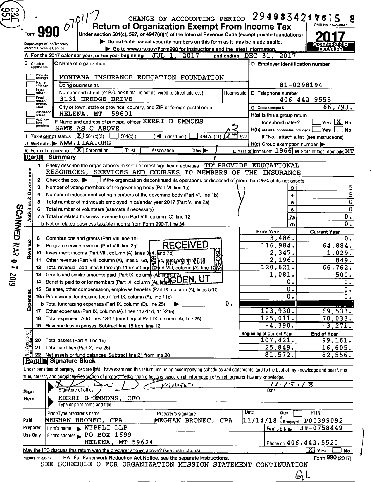 Image of first page of 2017 Form 990 for Montana Insurance Education Foundation