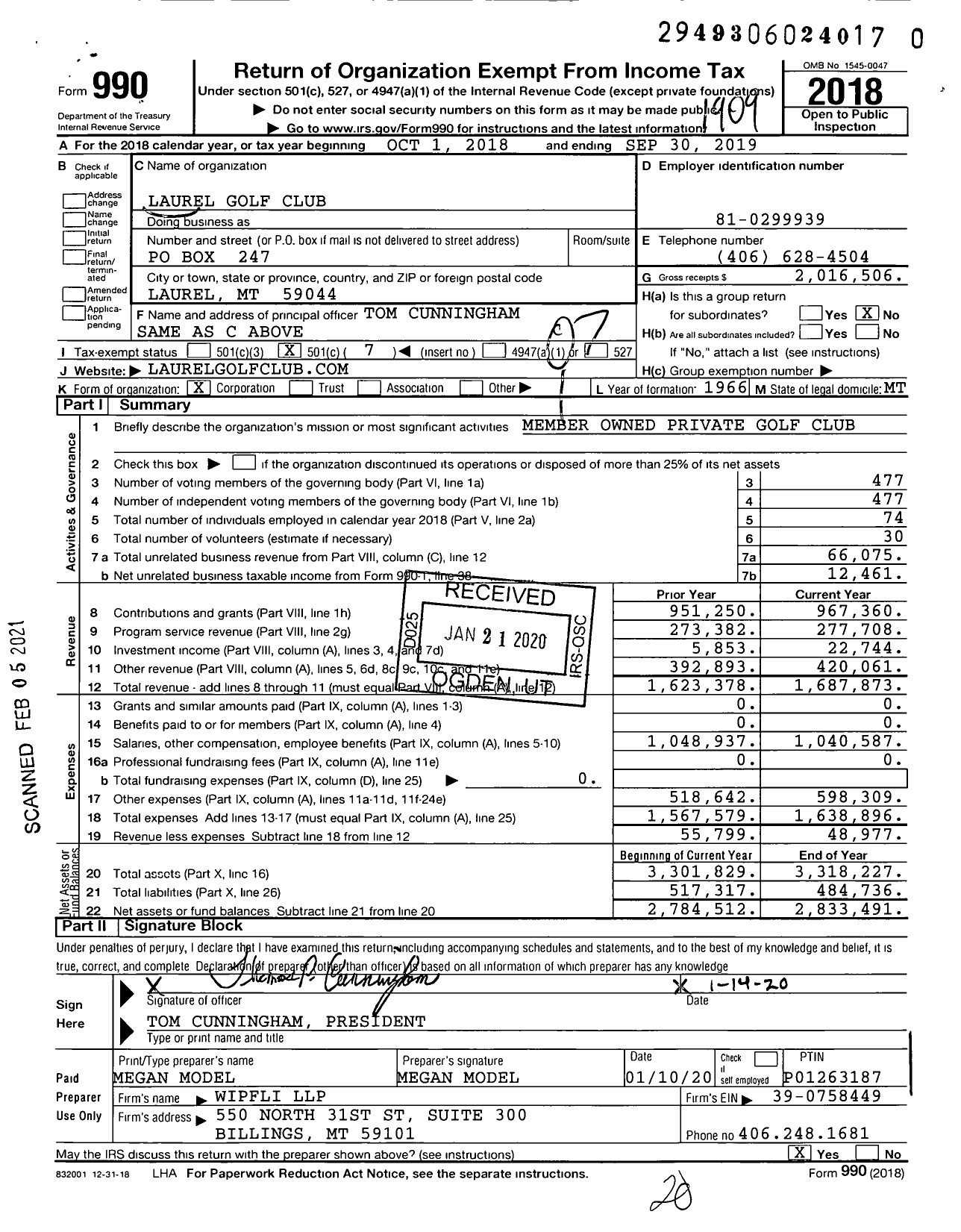 Image of first page of 2018 Form 990O for Laurel Golf Club