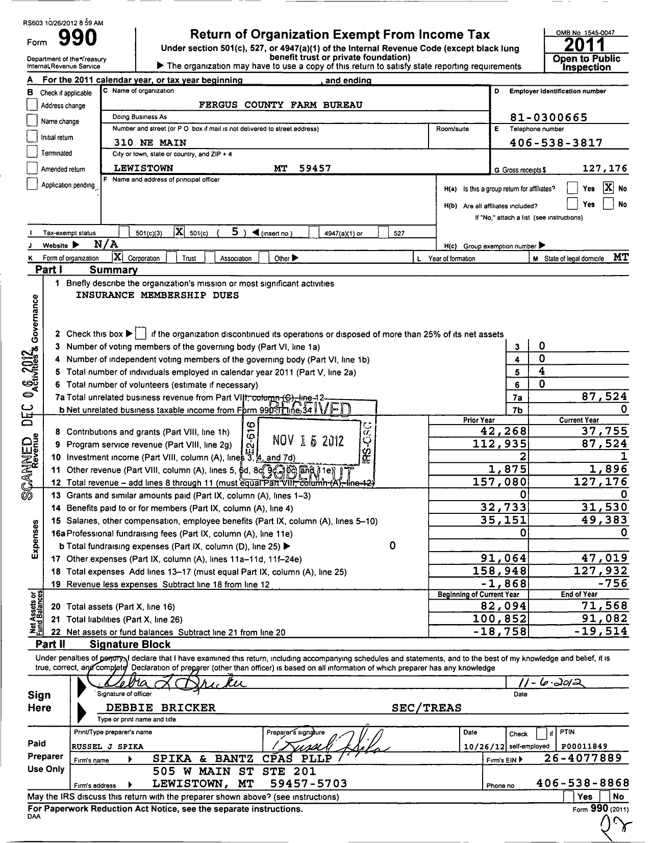 Image of first page of 2011 Form 990O for Montana Farm Bureau Federation - Fergus