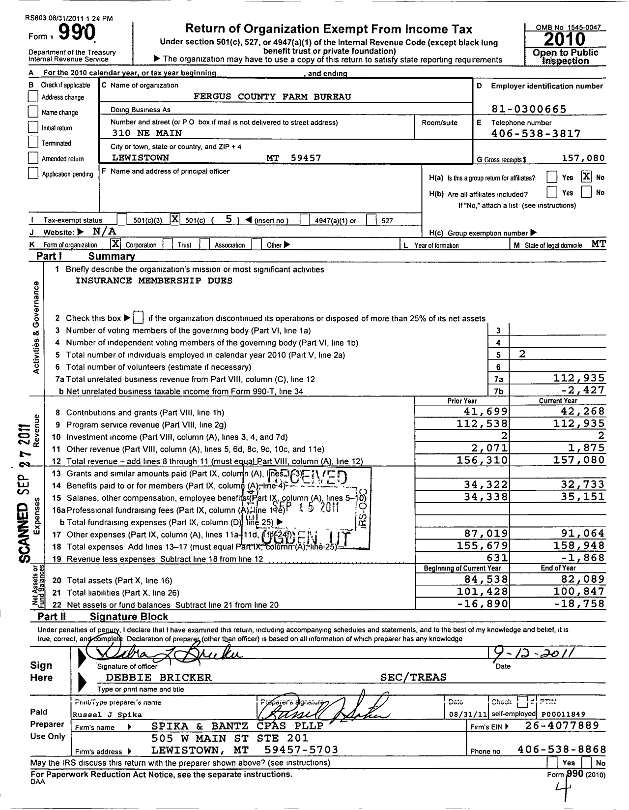 Image of first page of 2010 Form 990O for Montana Farm Bureau Federation - Fergus