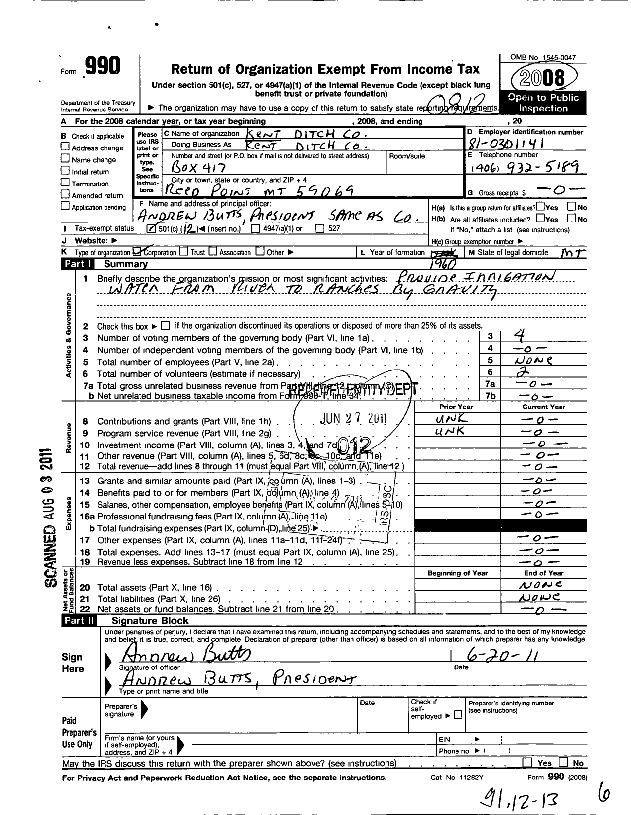 Image of first page of 2008 Form 990O for Kent Ditch Company