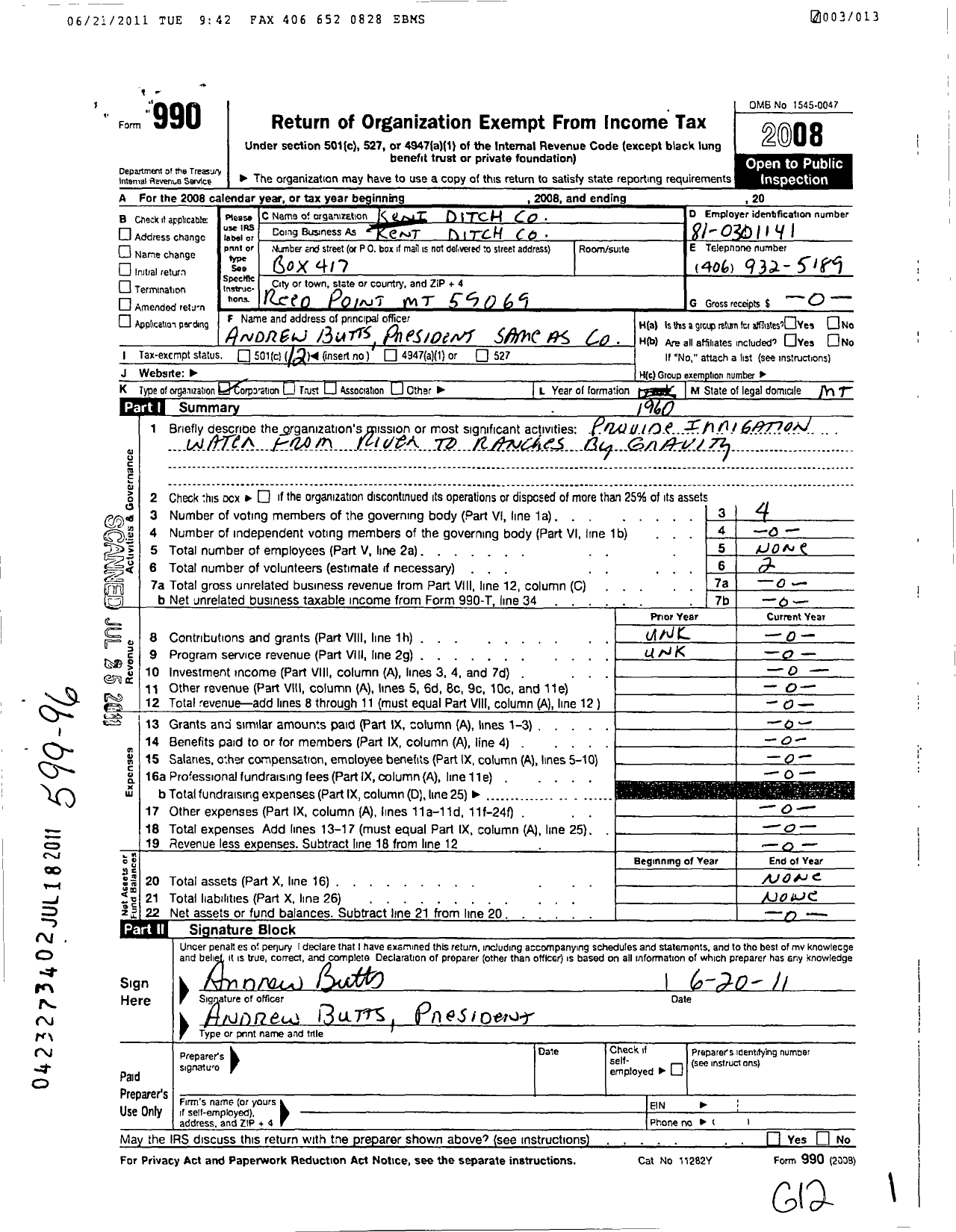 Image of first page of 2008 Form 990O for Kent Ditch Company