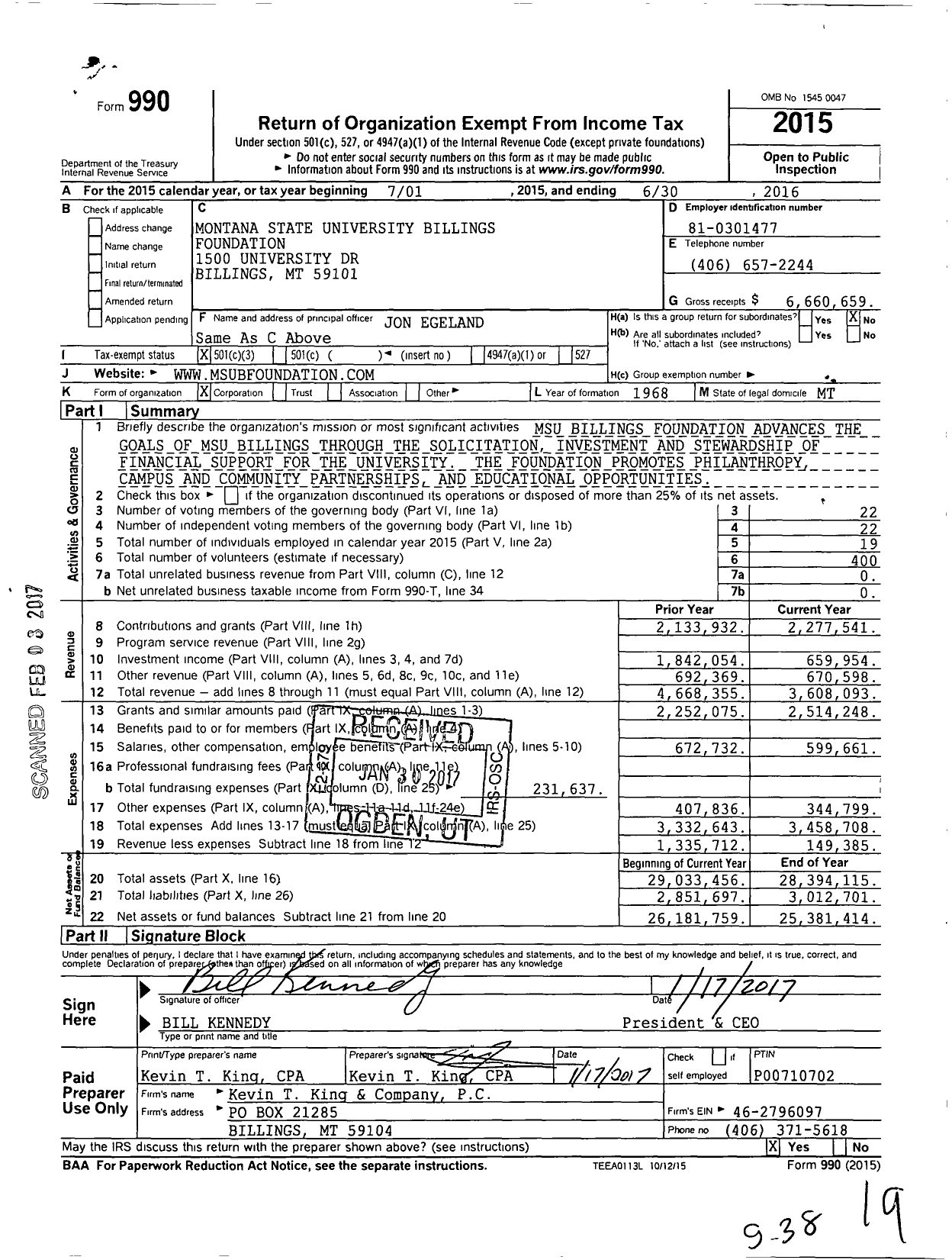 Image of first page of 2015 Form 990 for Montana State University Billings Foundation