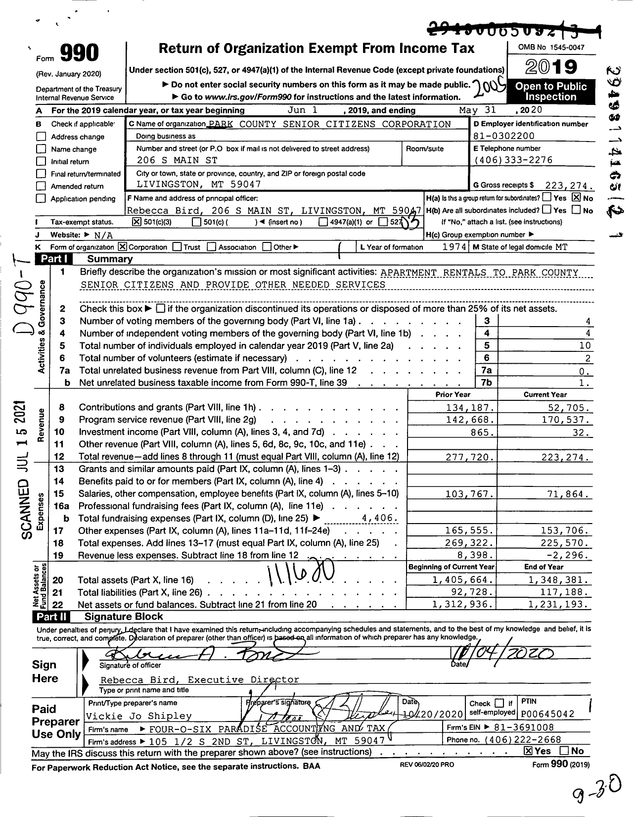 Image of first page of 2019 Form 990 for Park County Senior Center