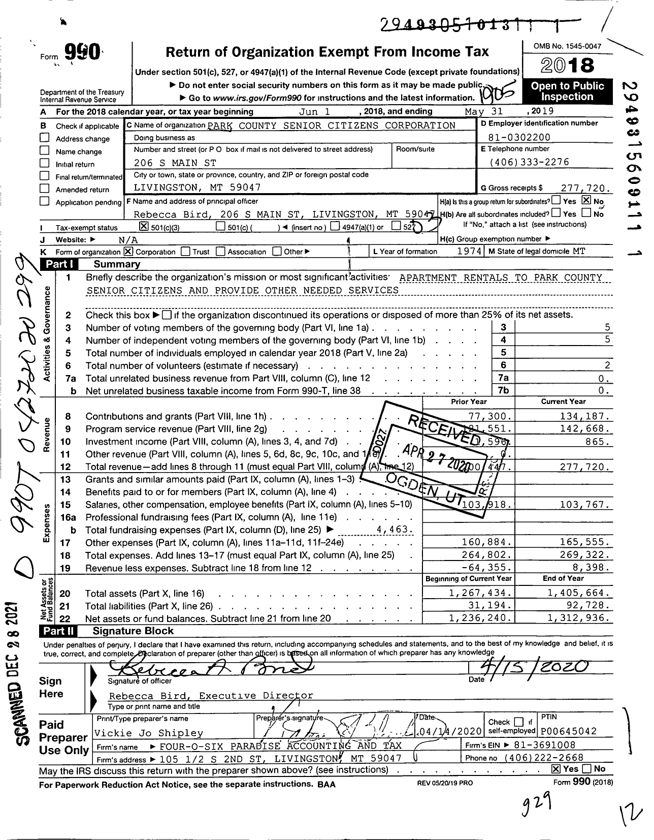 Image of first page of 2018 Form 990 for Park County Senior Center