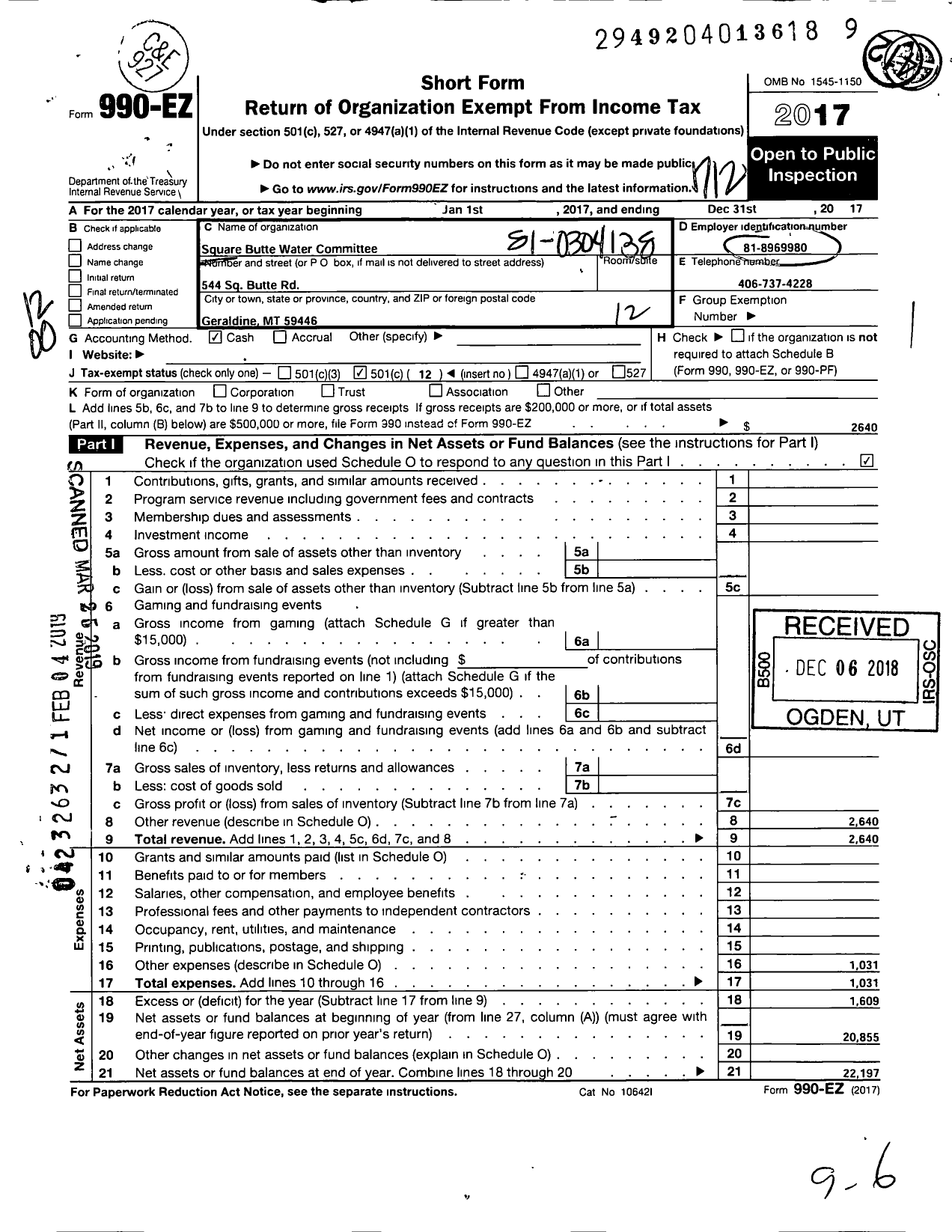 Image of first page of 2017 Form 990EO for Square Butte Water Committee