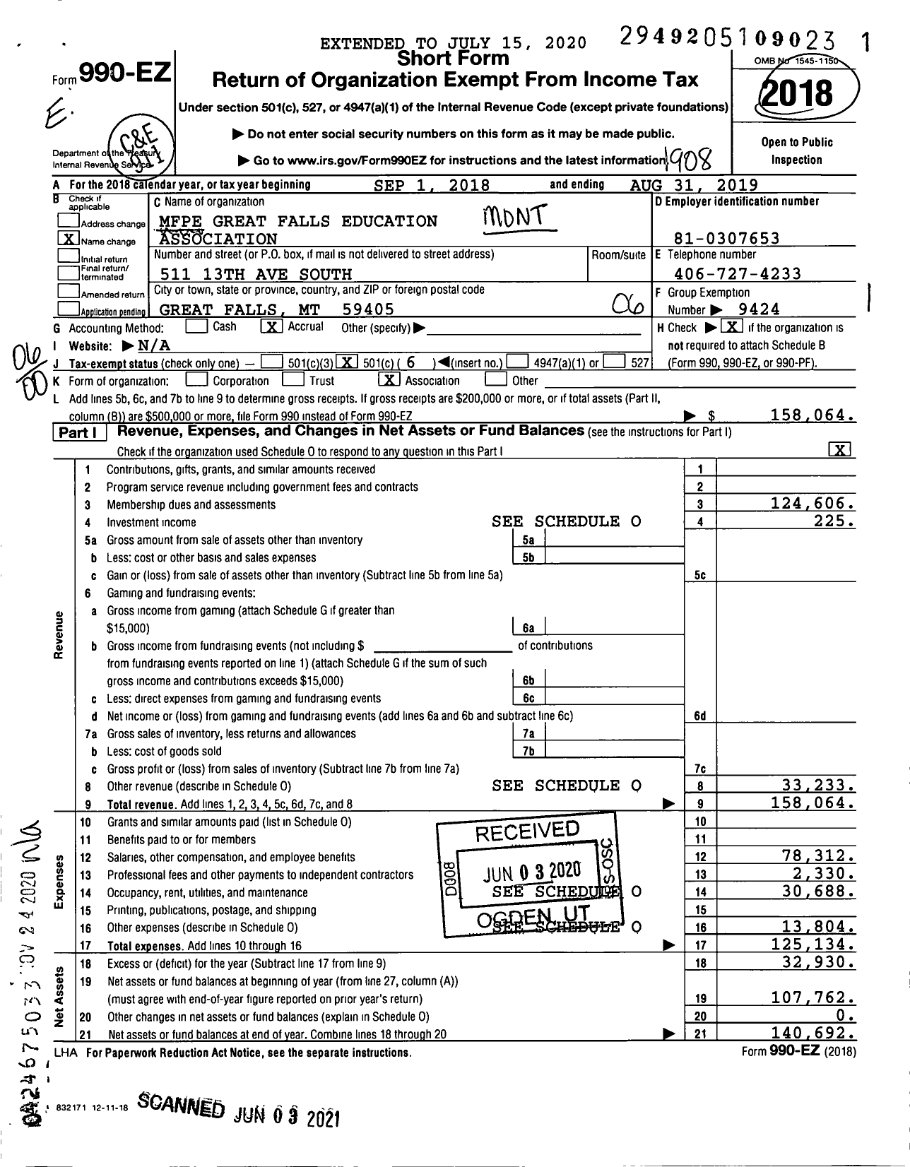 Image of first page of 2018 Form 990EO for Mfpe Great Falls Education Association