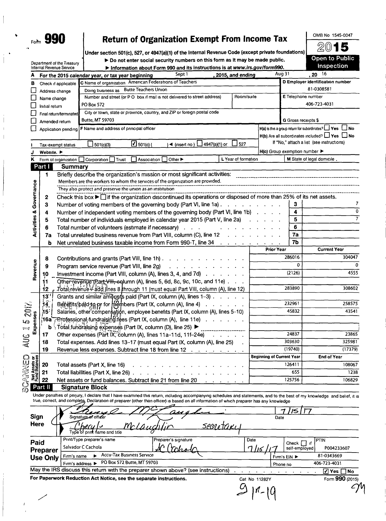 Image of first page of 2015 Form 990O for American Federations of Teachers