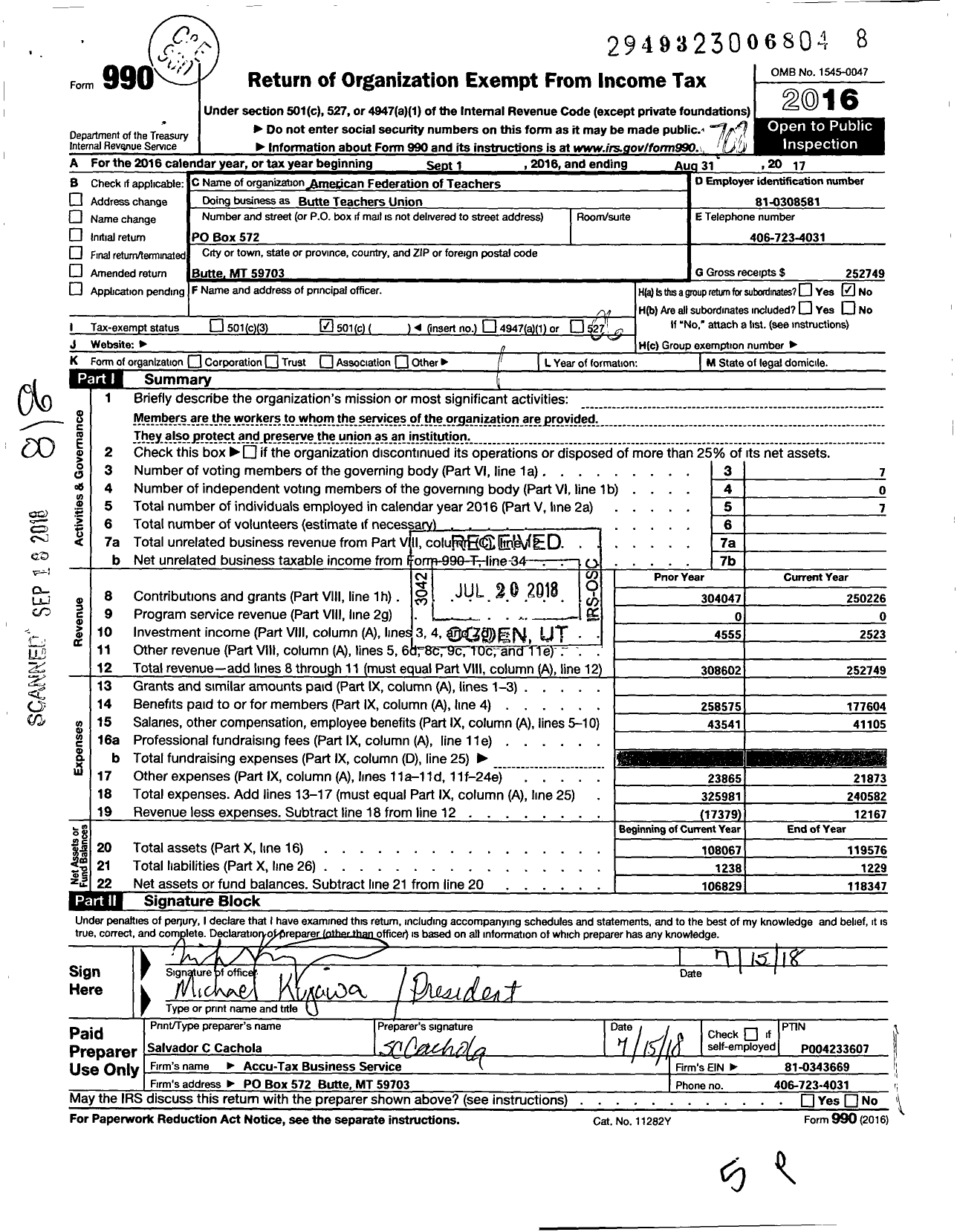 Image of first page of 2016 Form 990O for American Federations of Teachers