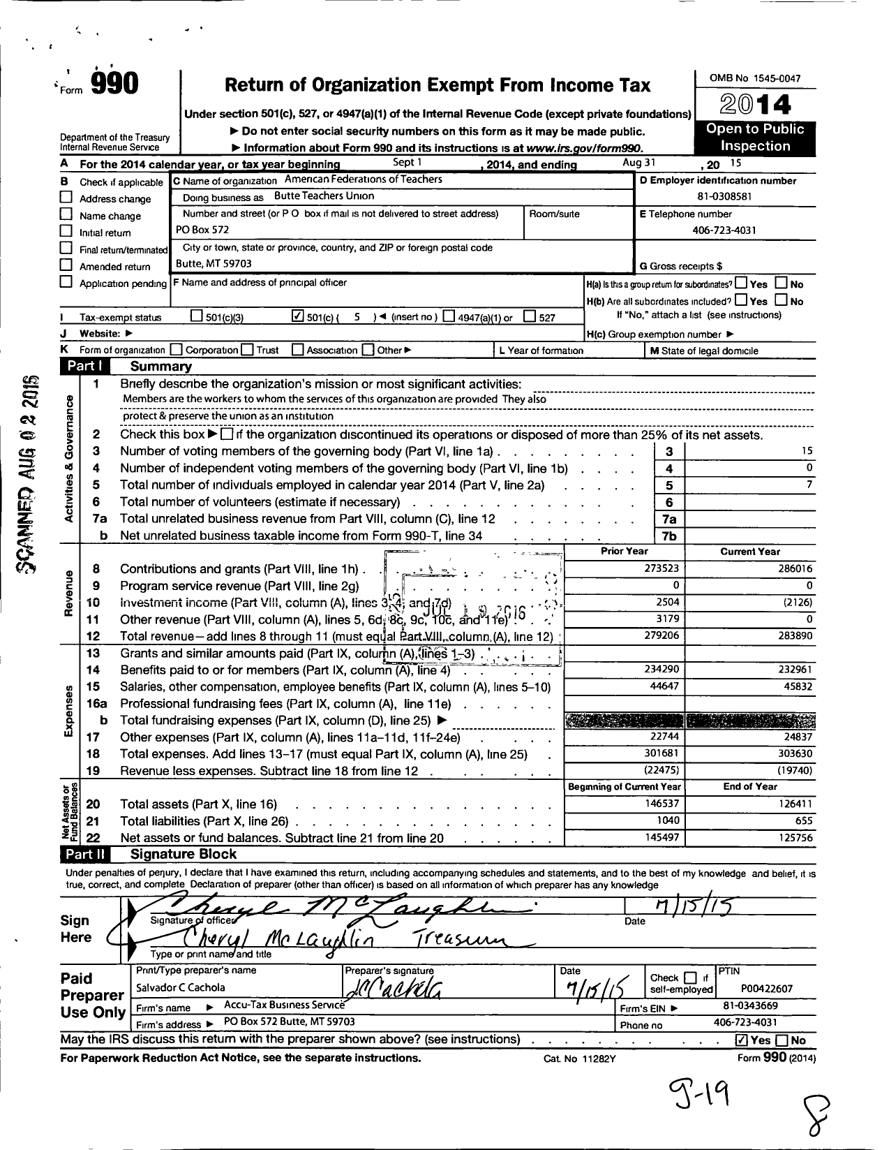 Image of first page of 2014 Form 990O for American Federations of Teachers