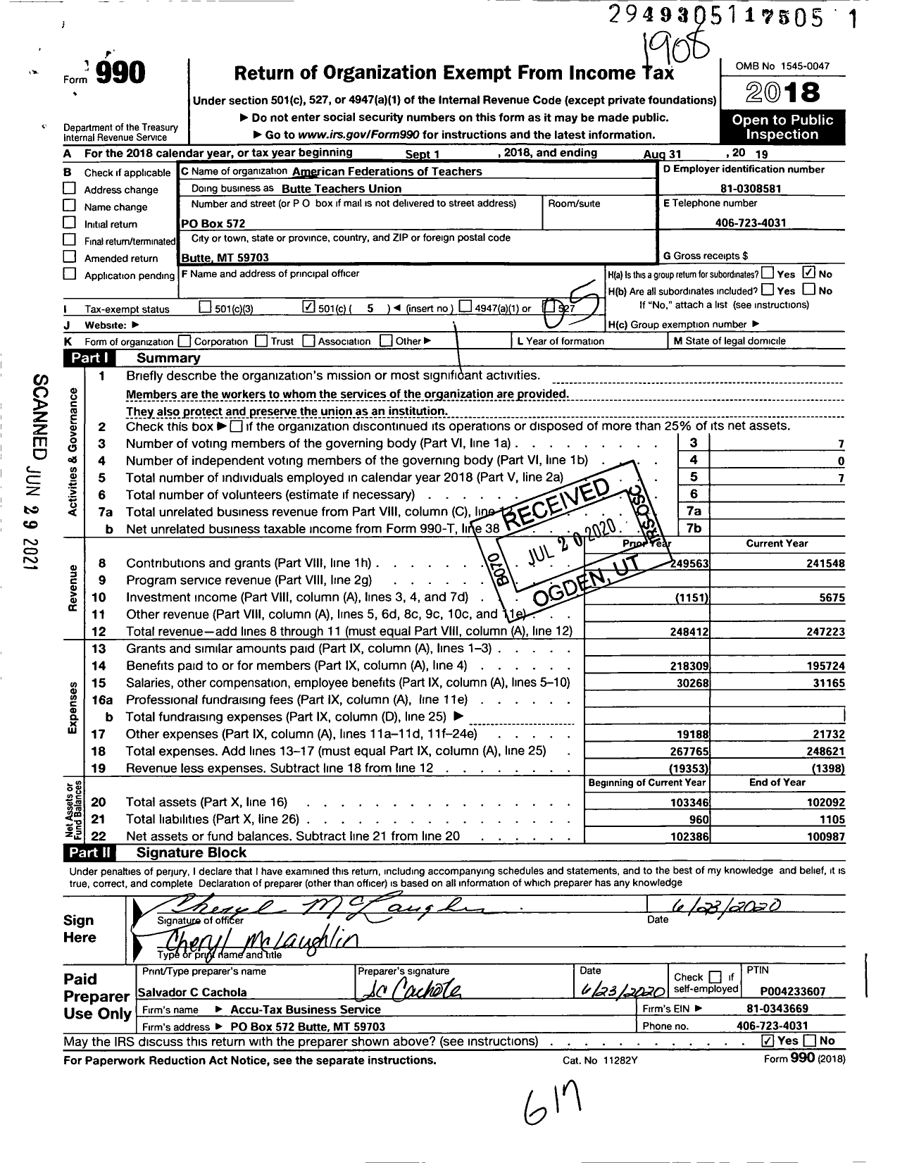 Image of first page of 2018 Form 990O for American Federations of Teachers