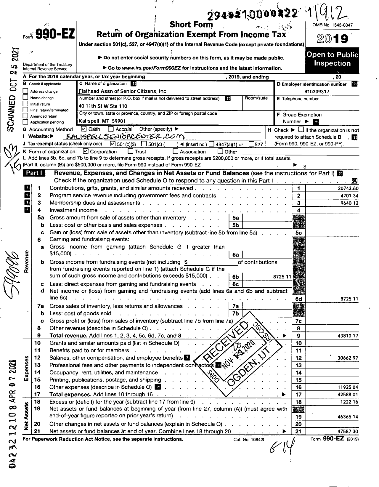 Image of first page of 2019 Form 990EZ for Flathead Association of Senior Citizens