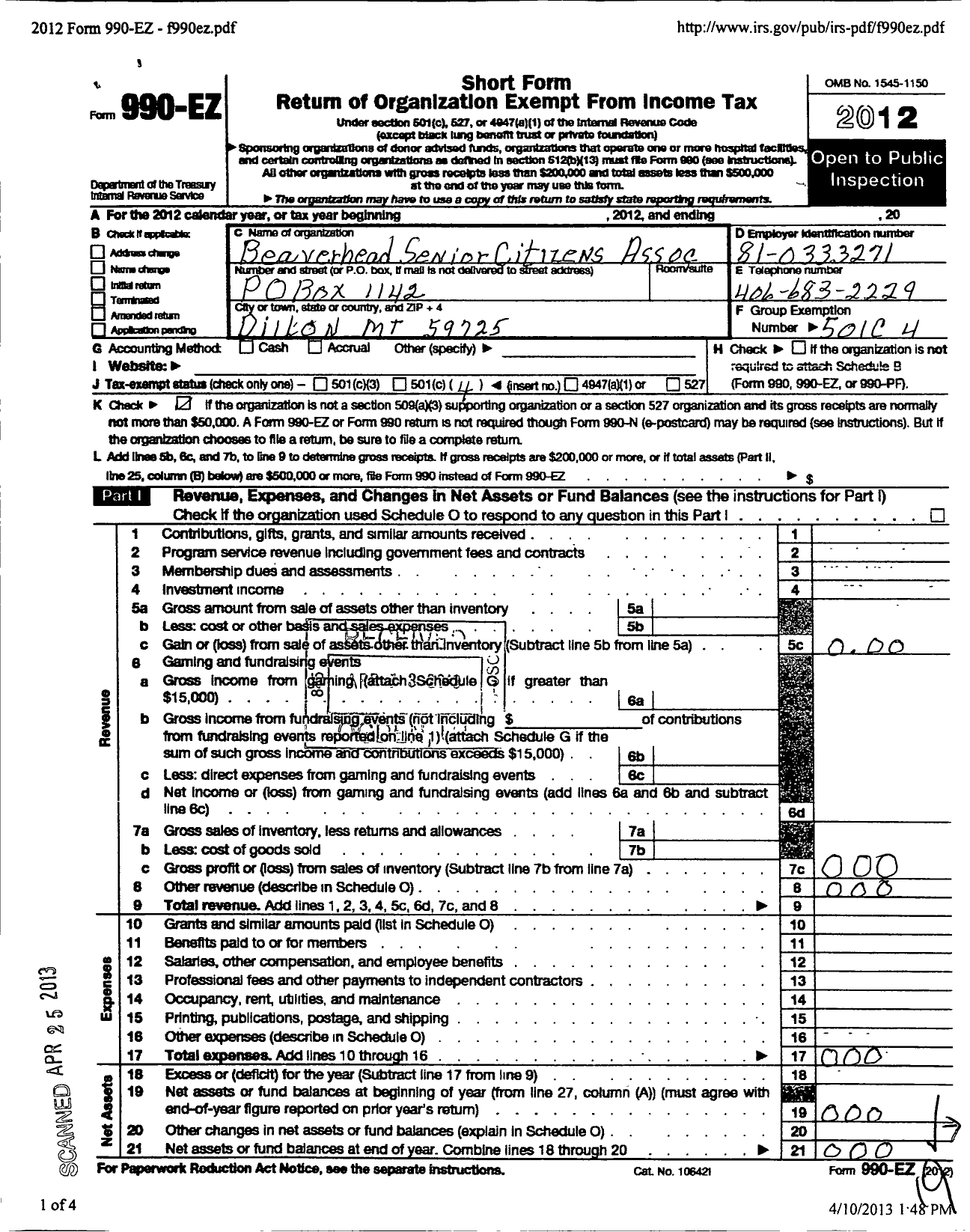 Image of first page of 2012 Form 990EO for Beaverhead Senior Citizens Association