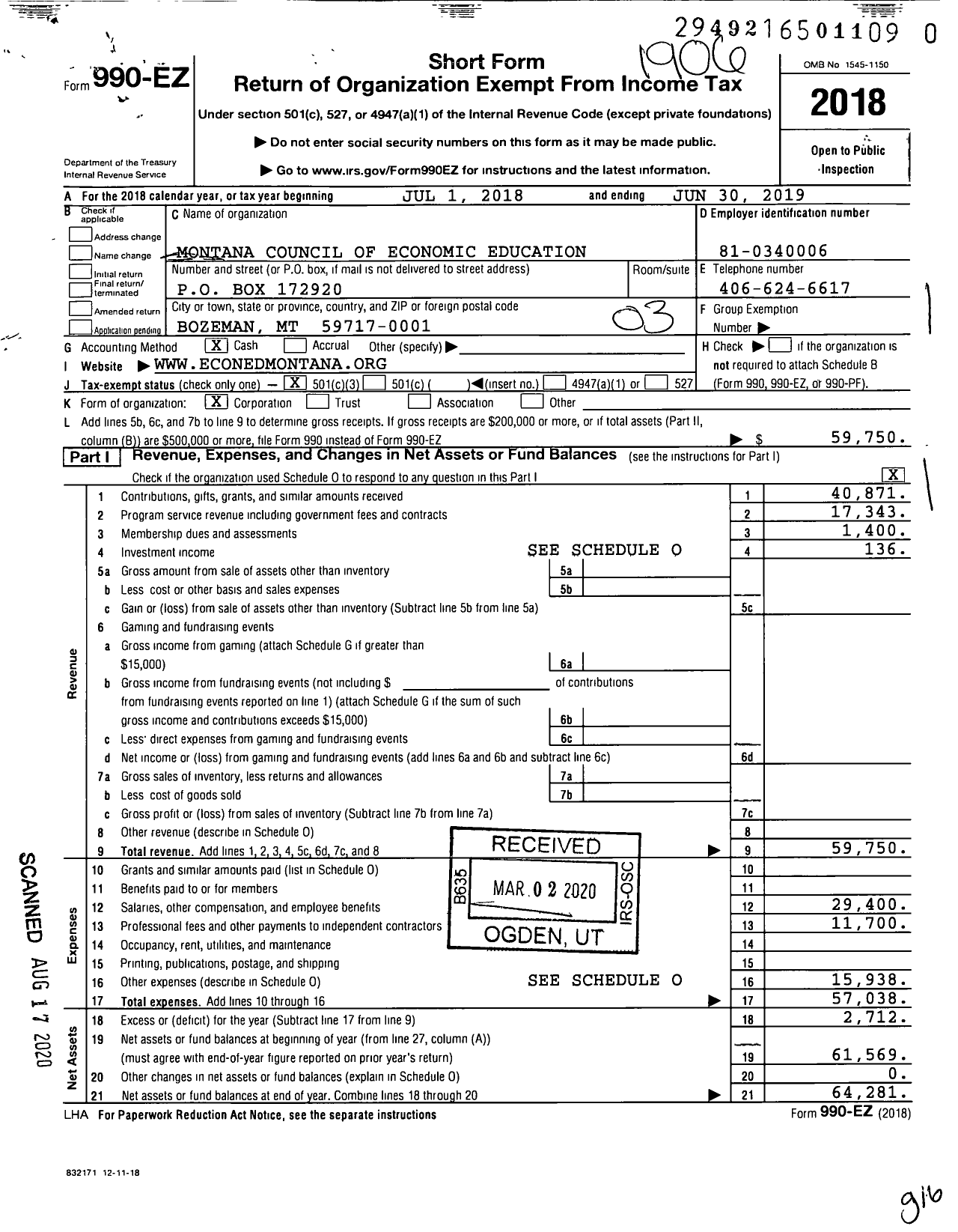 Image of first page of 2018 Form 990EZ for Montana Council of Economic Education