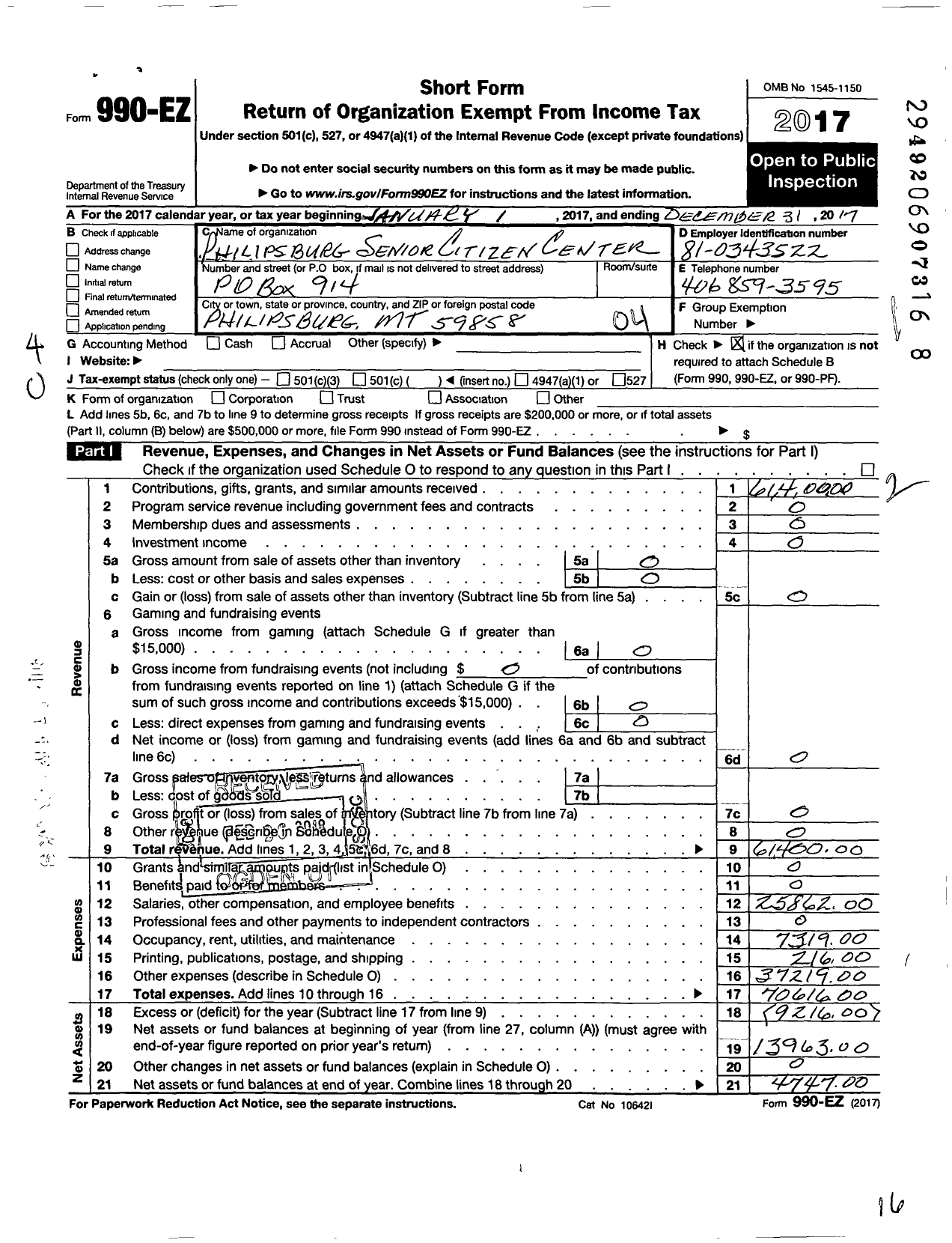 Image of first page of 2017 Form 990EO for Philipsburg Senior Citizens Center