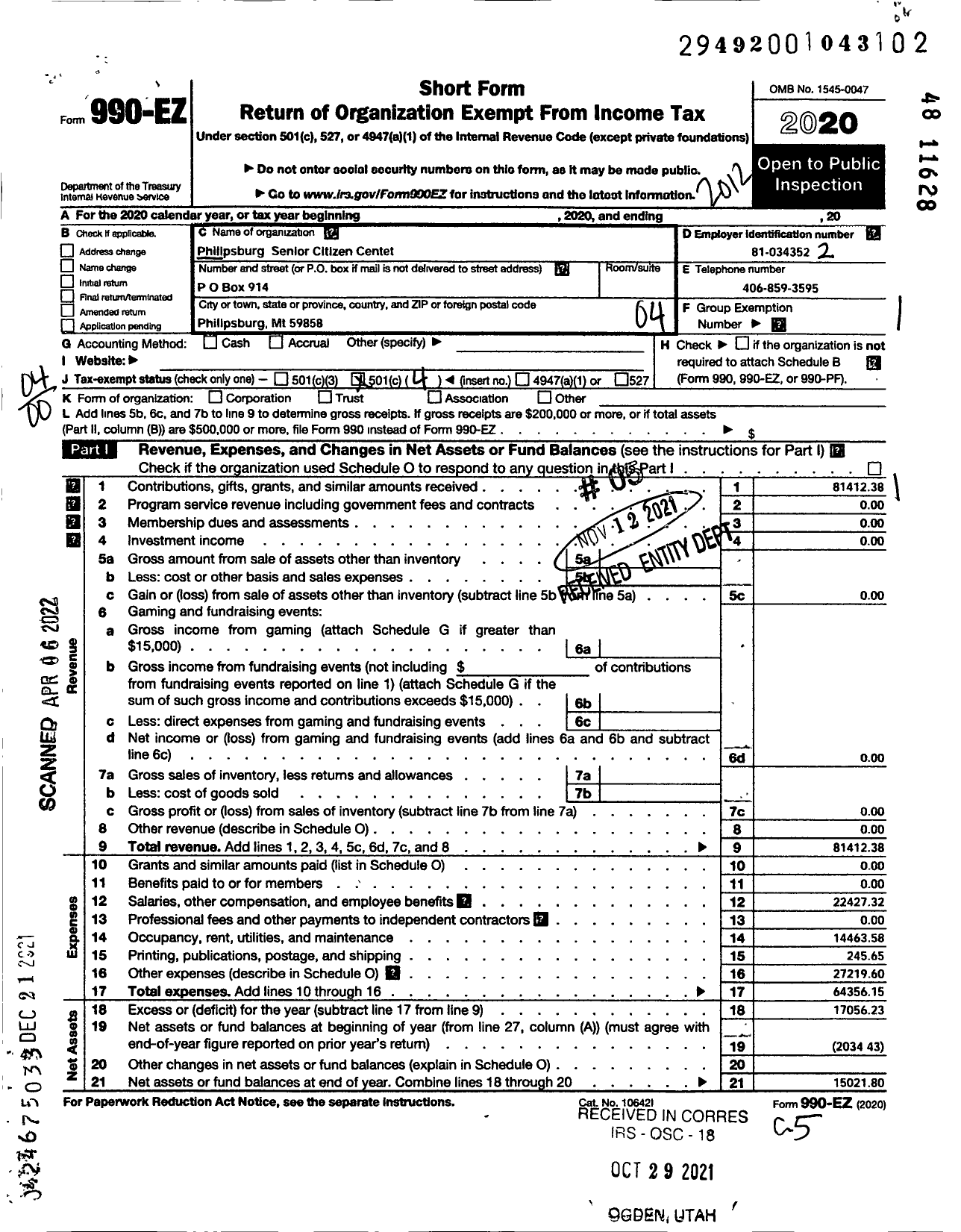 Image of first page of 2020 Form 990EO for Philipsburg Senior Citizens Center