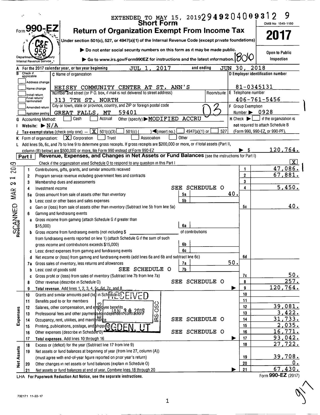 Image of first page of 2017 Form 990EZ for Heisey Community Center at St Ann's