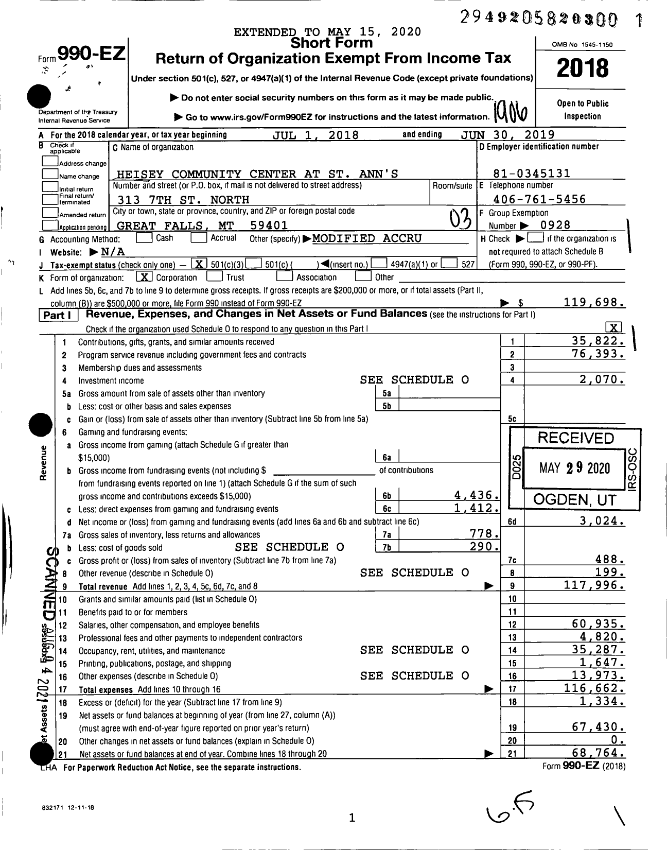 Image of first page of 2018 Form 990EZ for Heisey Community Center at St Ann's