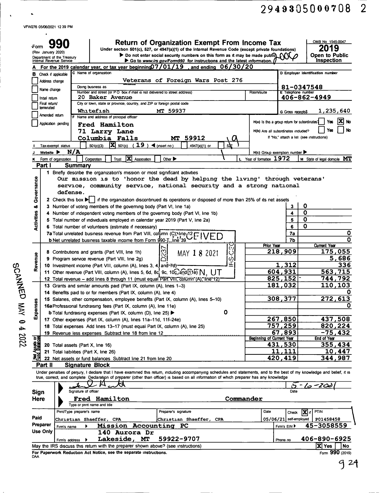 Image of first page of 2019 Form 990O for Department of Montana Veterans of Foreign Wars of the United States - 276 Lion Mountain Post VFW-MT