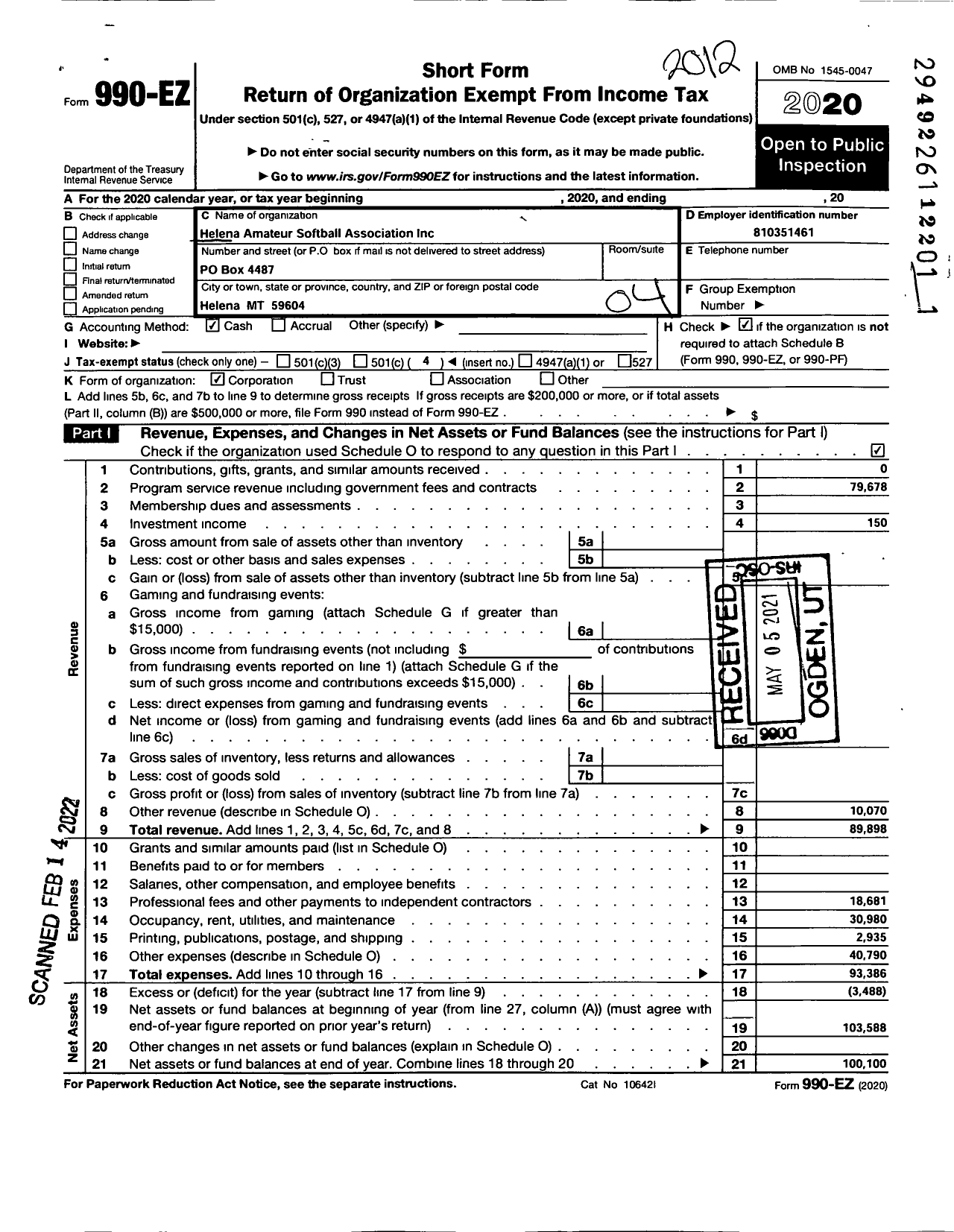 Image of first page of 2020 Form 990EO for Helena Amateur Softball Association Incorporated