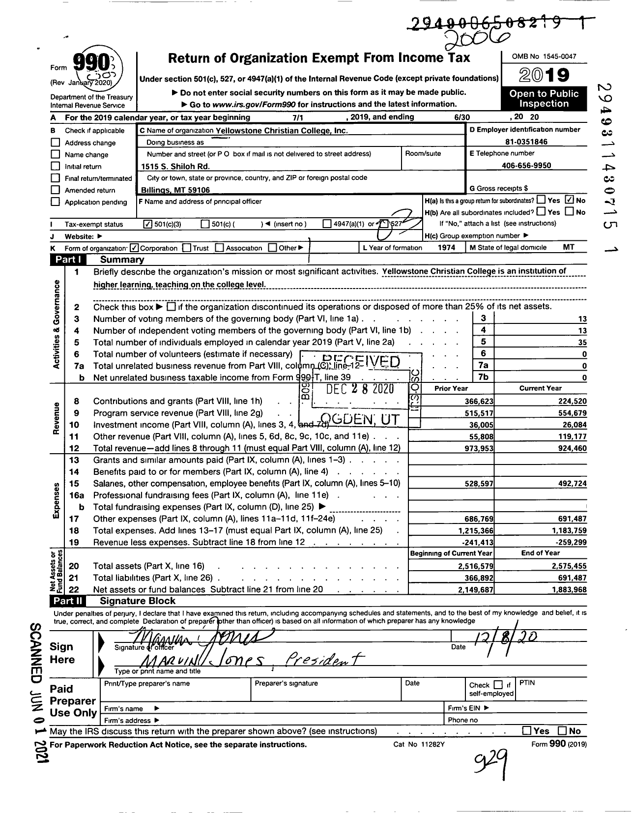 Image of first page of 2019 Form 990 for Montana Christian College