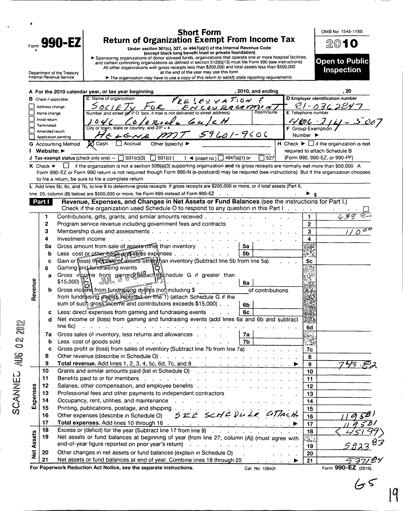 Image of first page of 2010 Form 990EO for Barbershop Harmony Society - C043 Helena