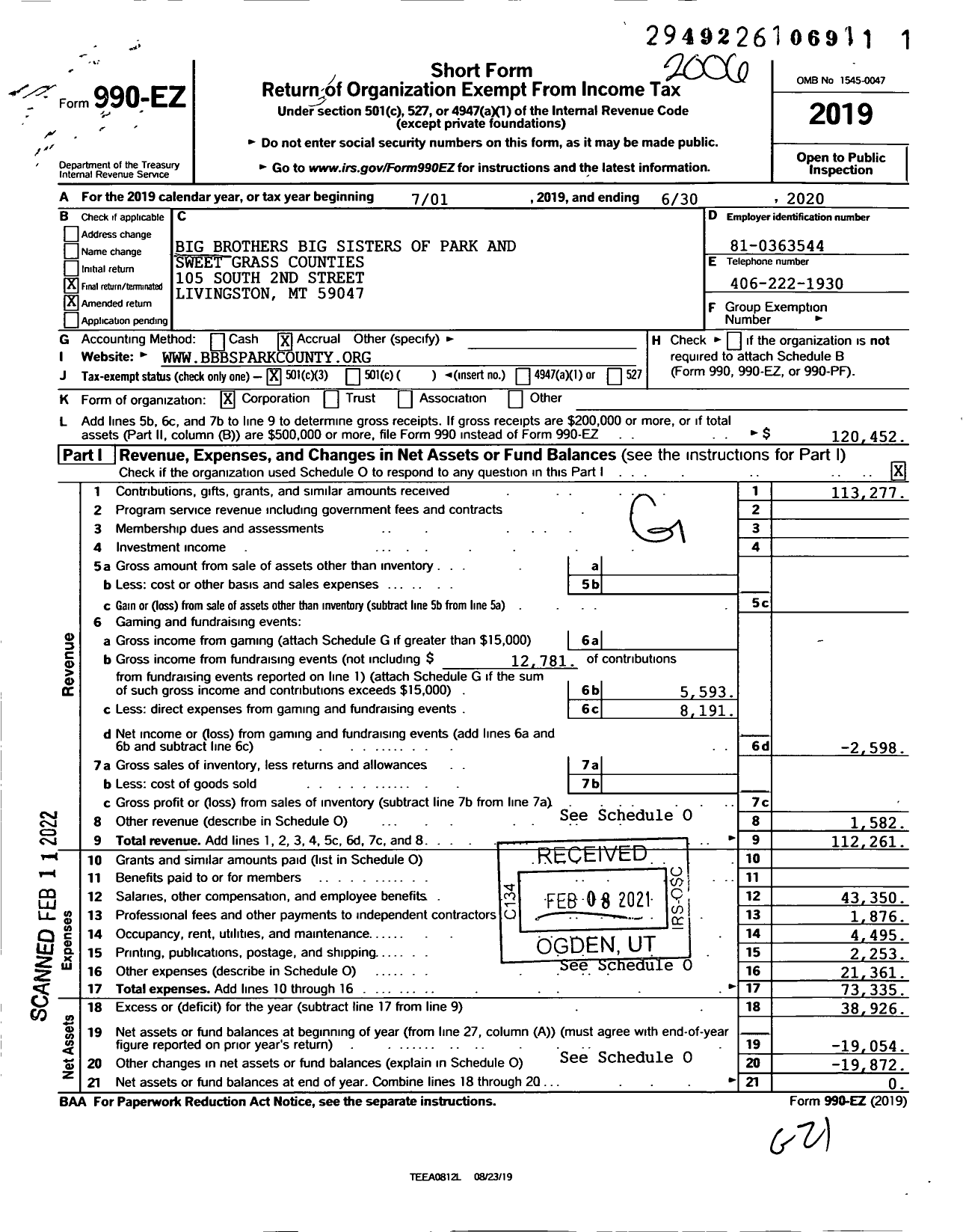 Image of first page of 2019 Form 990EZ for Big Brothers Big Sisters of Park and Sweet Grass Counties