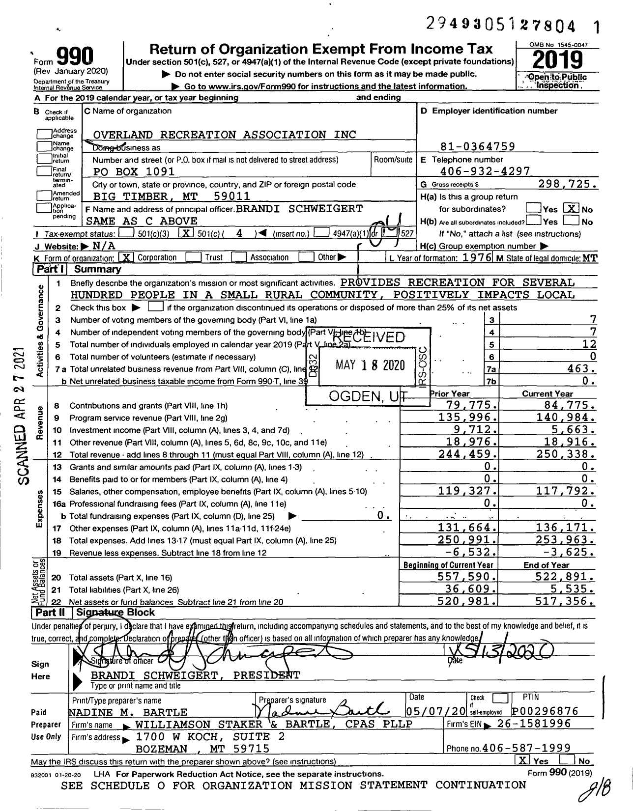 Image of first page of 2019 Form 990O for Overland Recreation Association