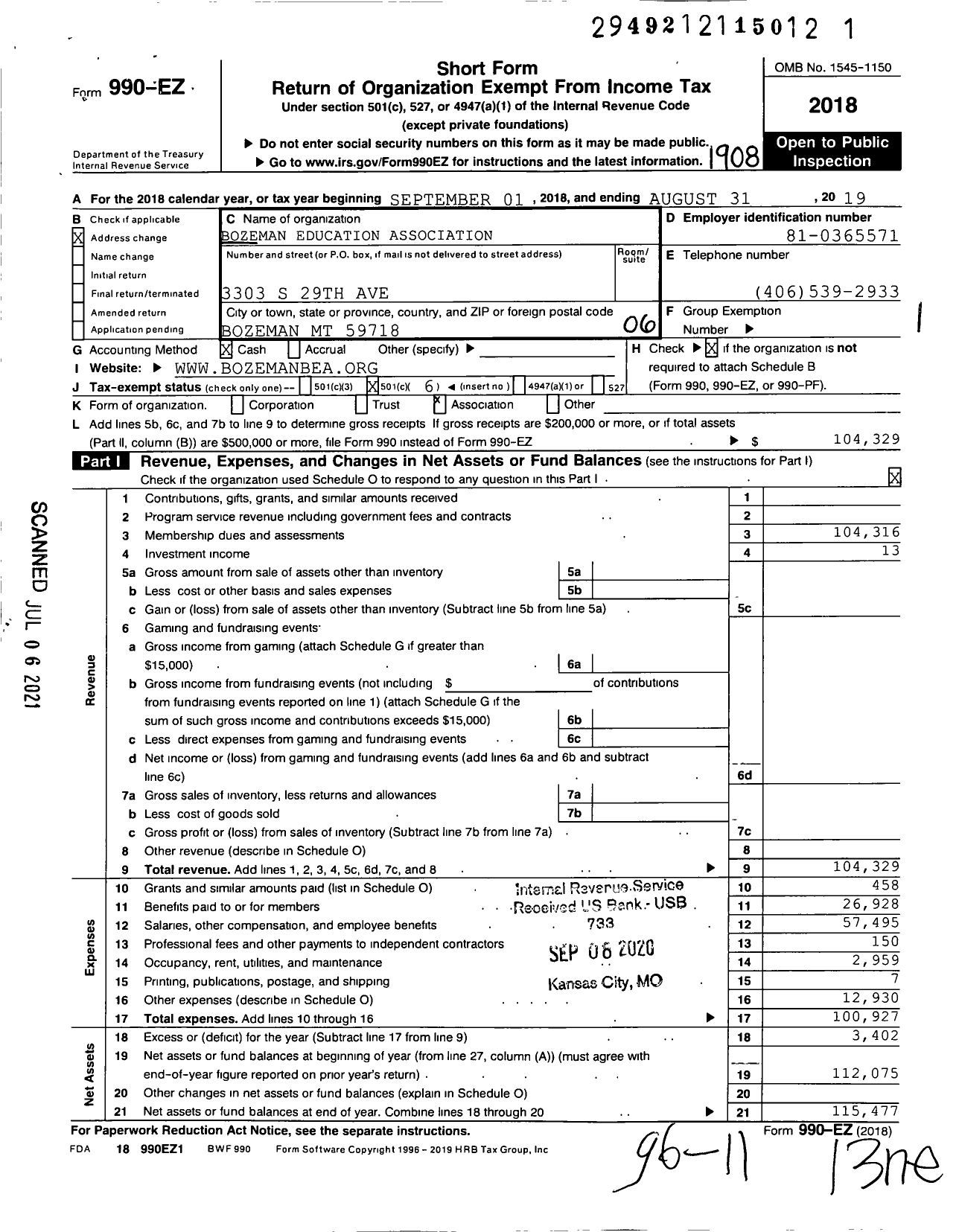 Image of first page of 2018 Form 990EO for Bozeman Education Association