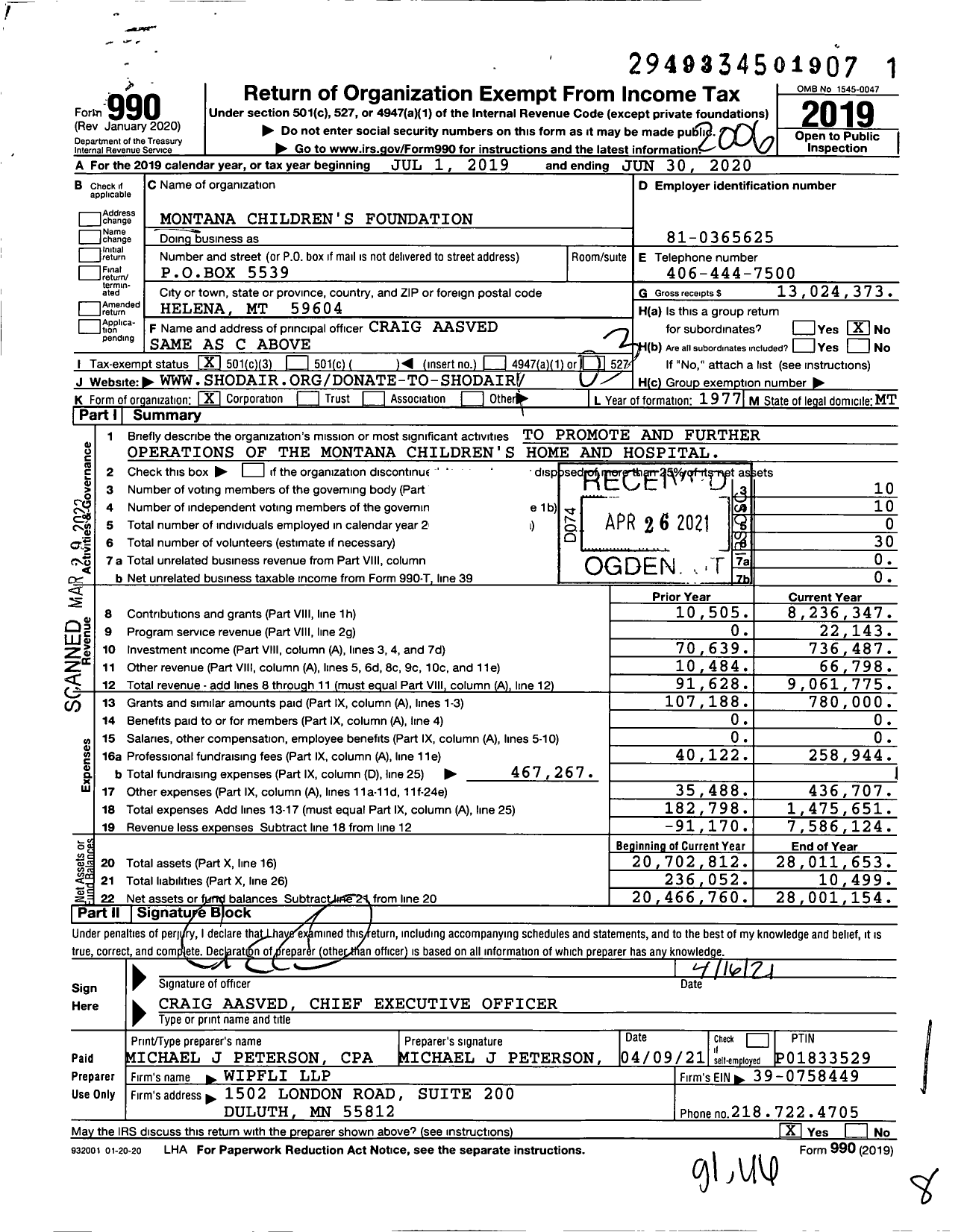 Image of first page of 2019 Form 990 for Montana Children's Foundation