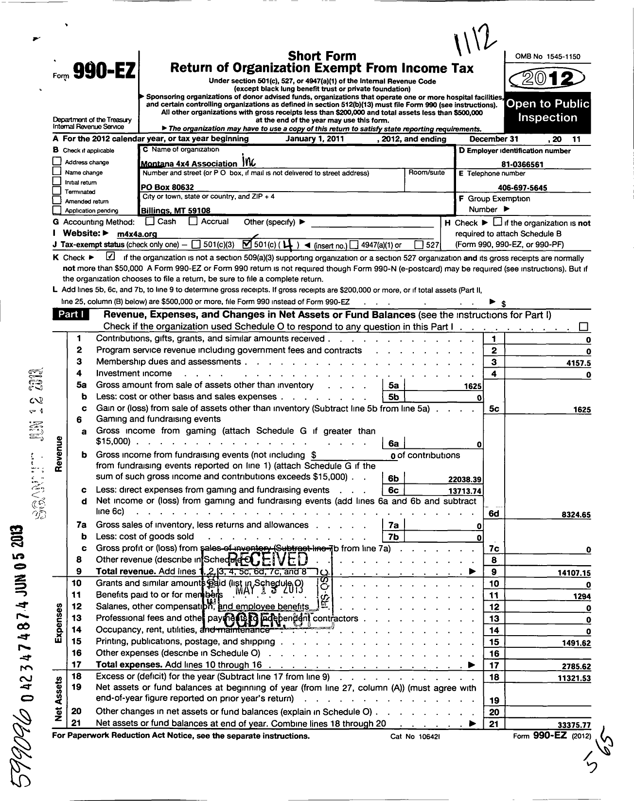 Image of first page of 2011 Form 990EO for Montana 4x4 Association