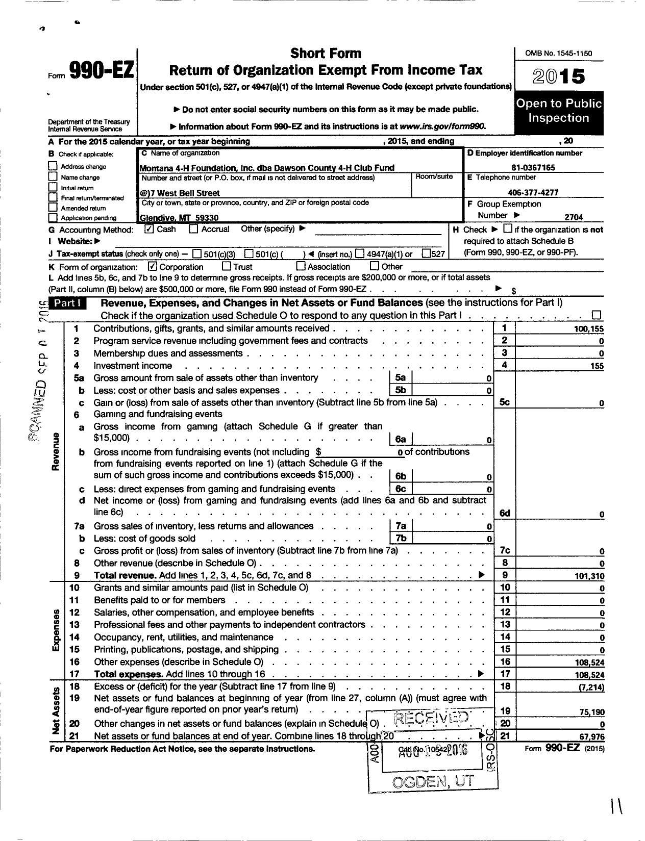 Image of first page of 2015 Form 990EO for Montana 4-H Foundation / Dawson County 4-H Club Fund