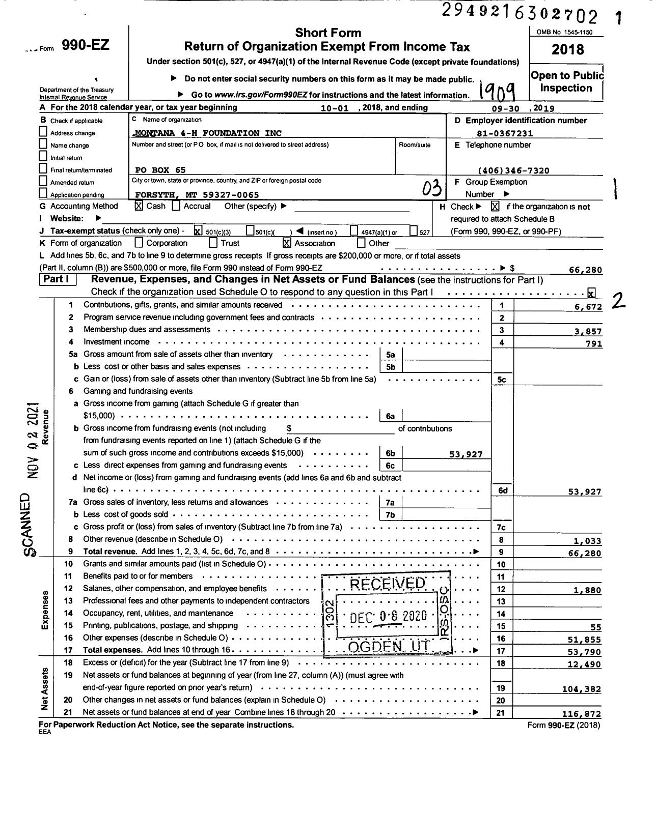 Image of first page of 2018 Form 990EZ for Montana 4-H Foundation / Rosebud-Treasure County 4-H Council